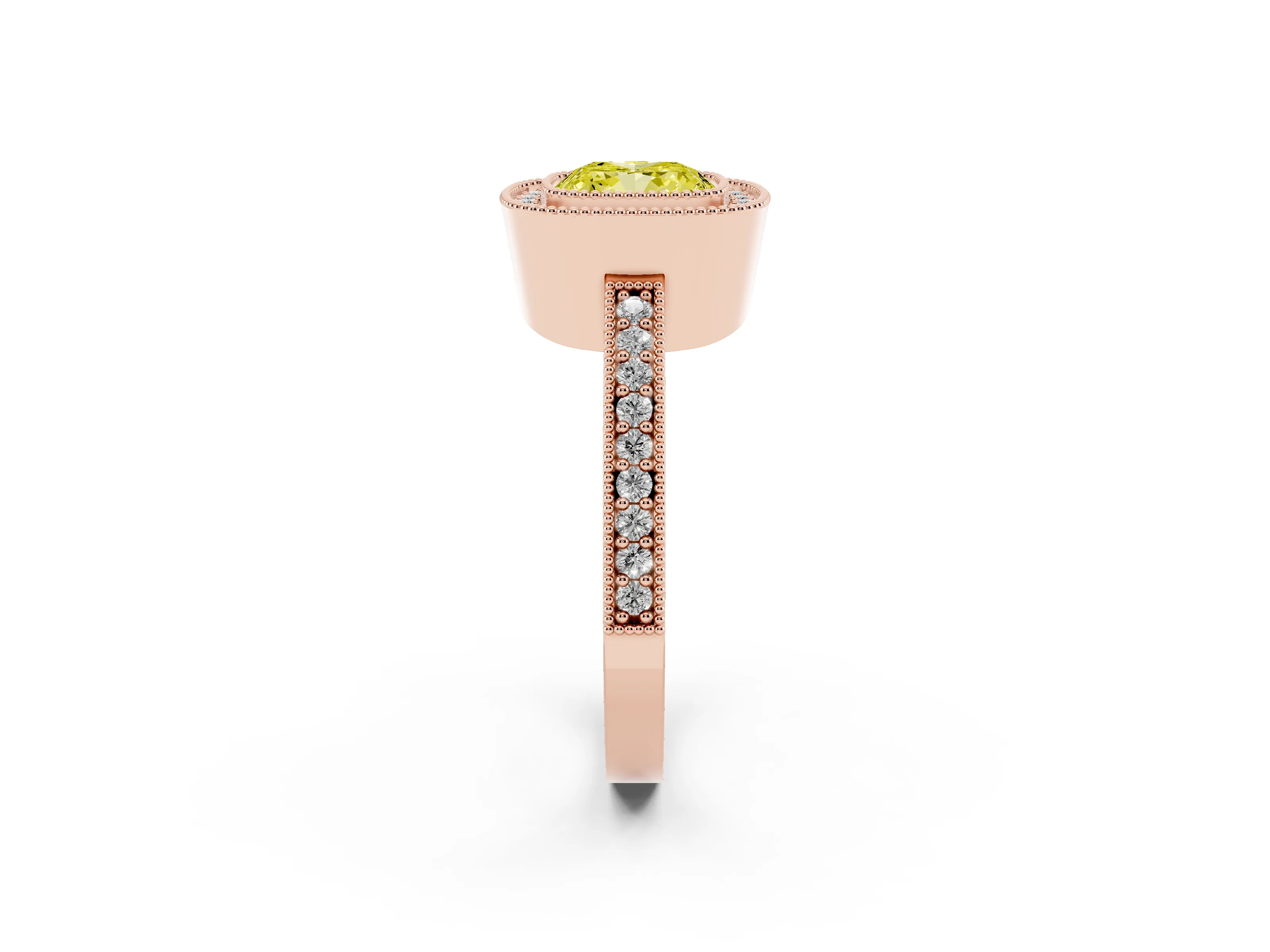Fancy Yellow Cushion Cut Diamond Halo Engagement Ring Set in Rose gold with Pavé Band and Round Halo Stones