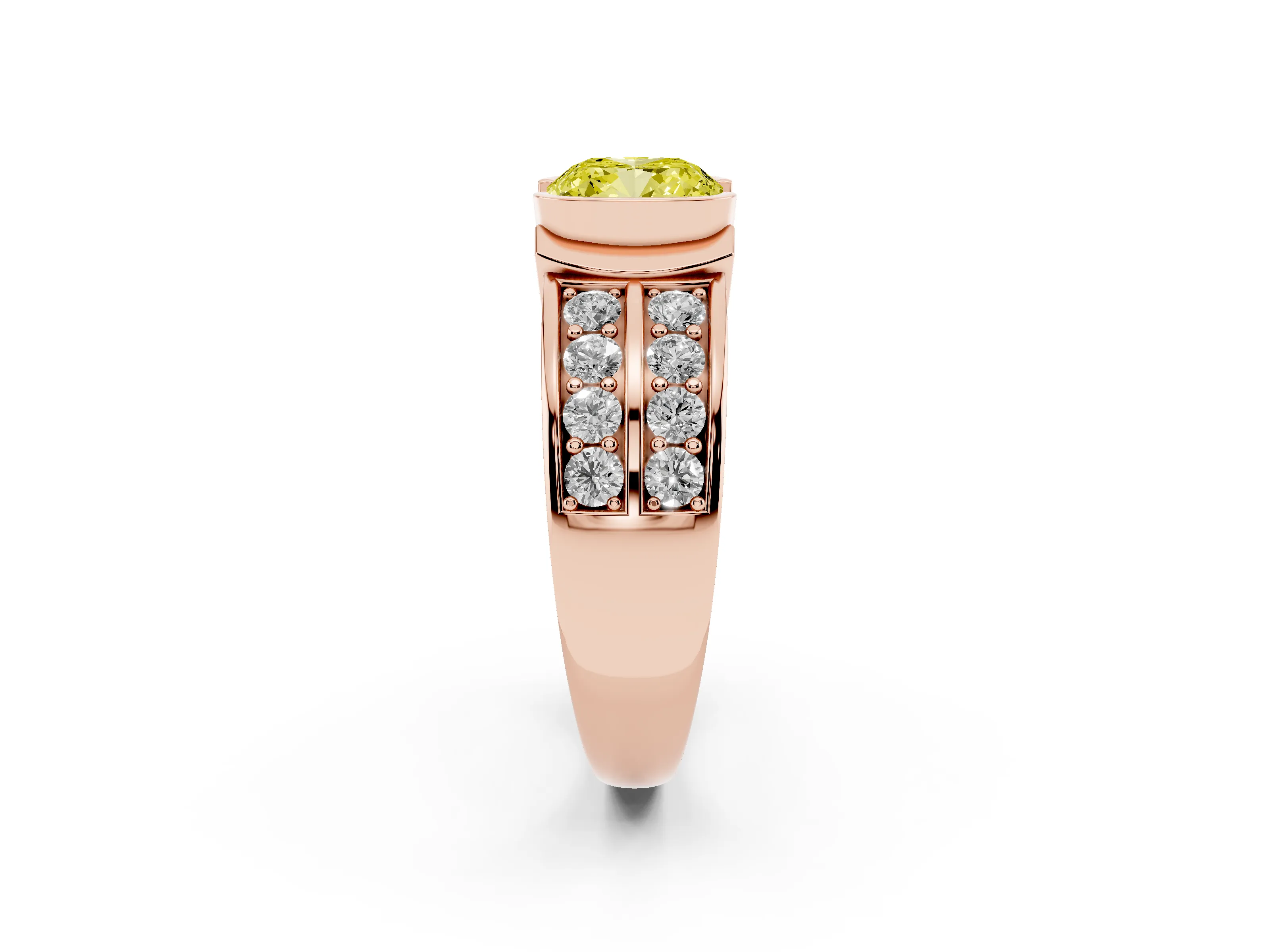 Fancy Yellow Cushion Cut Diamond Wide Channel Set Band Ring Set in Rose gold with Bezel Setting