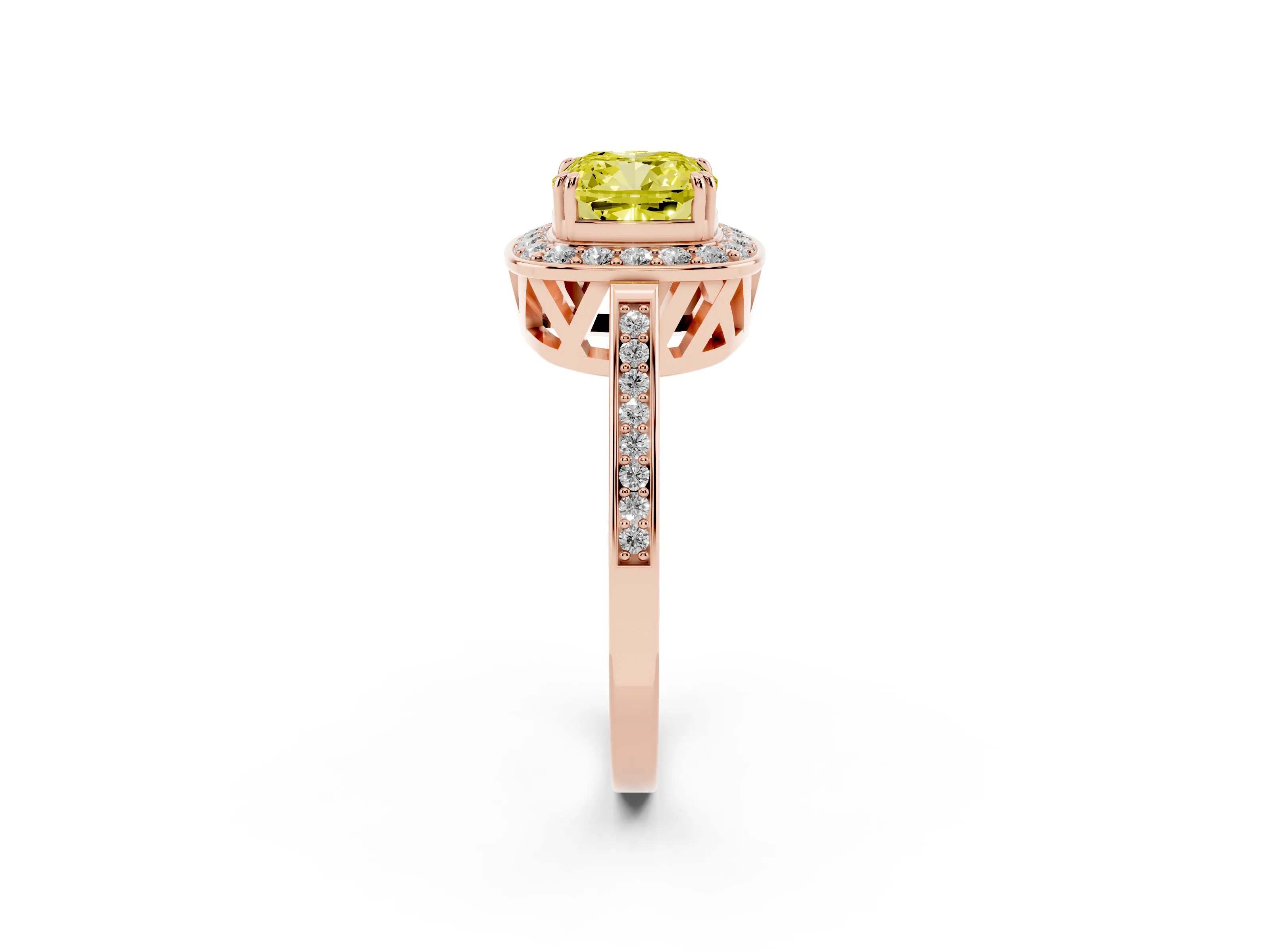 Fancy Yellow Cushion Cut Diamond Halo Ring Set in Rose gold with Accent-Lined Split Shank and Prong Setting