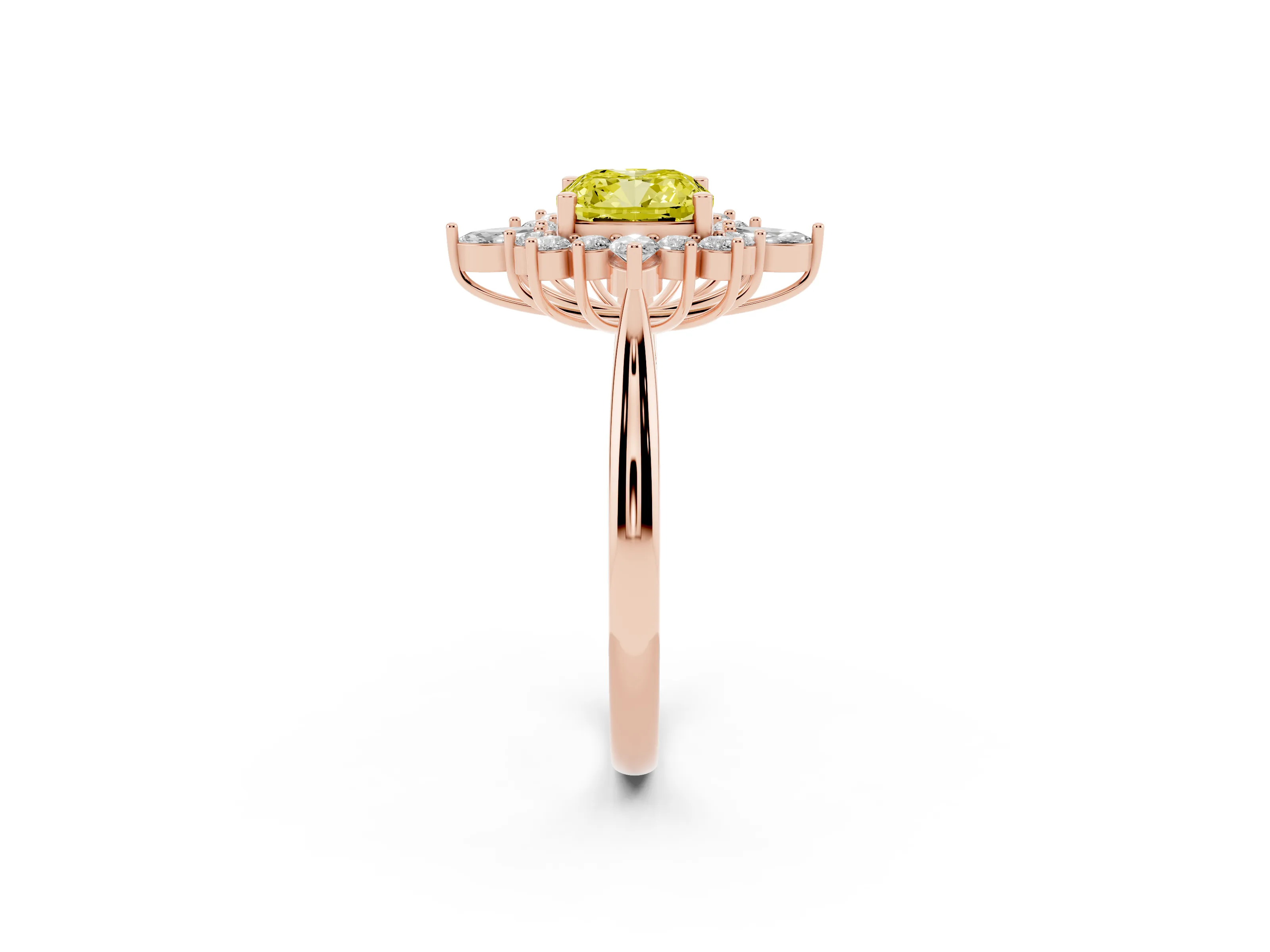 Fancy Yellow Cushion Cut Diamond Cluster Halo Ring Set in Rose gold with Marquise and Round Accents