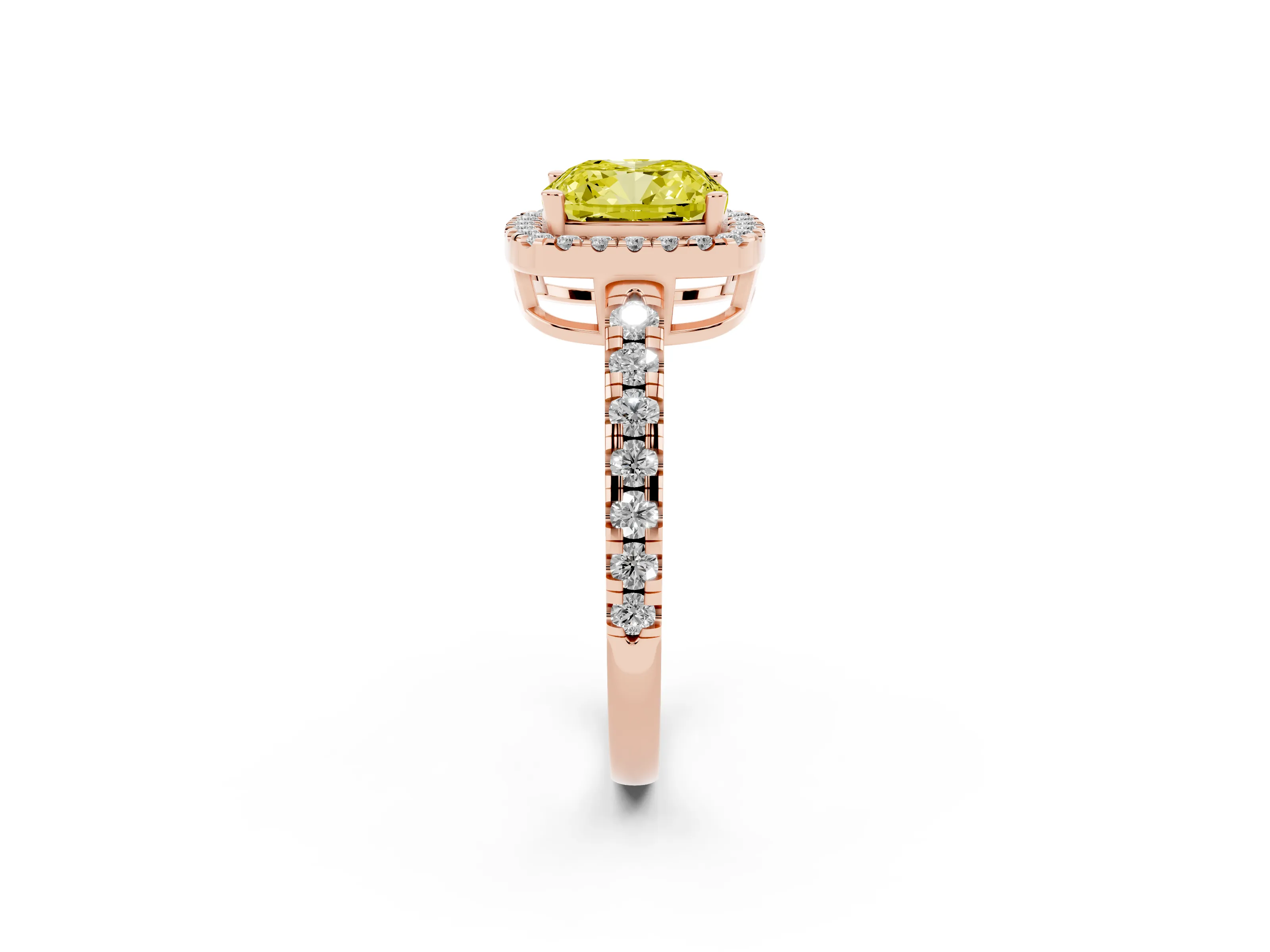 Fancy Yellow Cushion Cut Diamond Halo Ring Set in Rose gold with Delicate Pavé Band and Prong Setting
