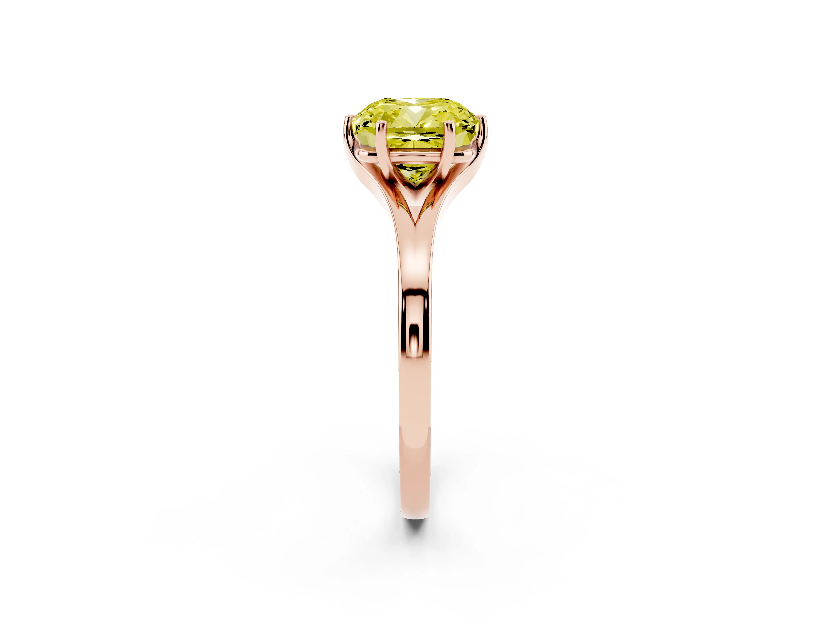 Fancy Yellow Cushion Cut Diamond Solitaire Ring Set in Rose gold with Polished Tapered Band and Prong Setting