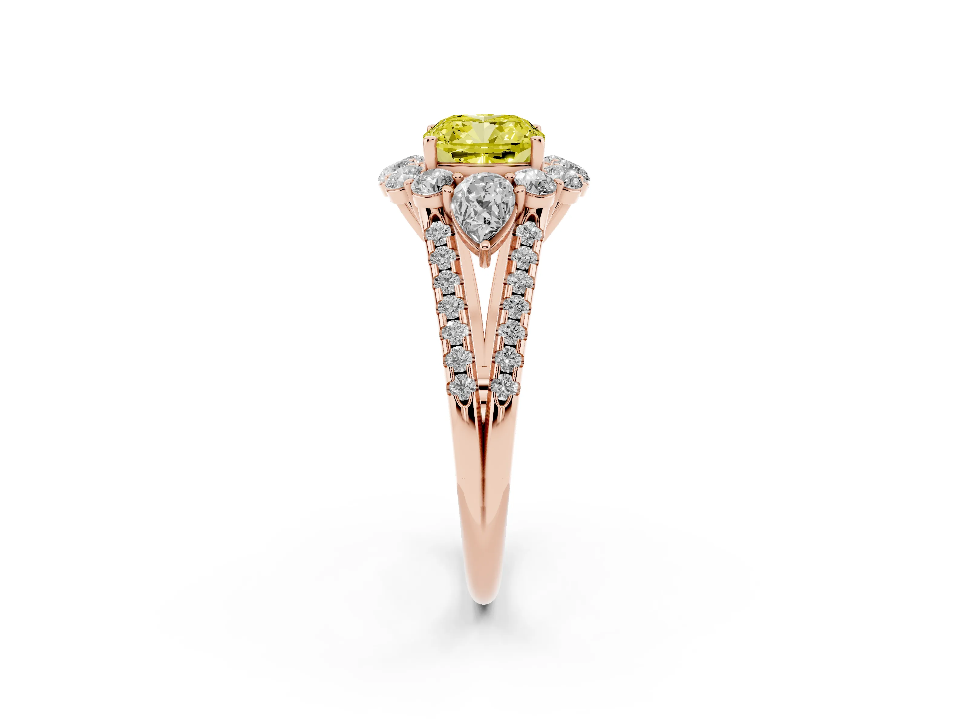 Fancy Yellow Cushion Cut Diamond Halo Split Shank Engagement Ring Set in Rose gold with Prong-Held Center Stone