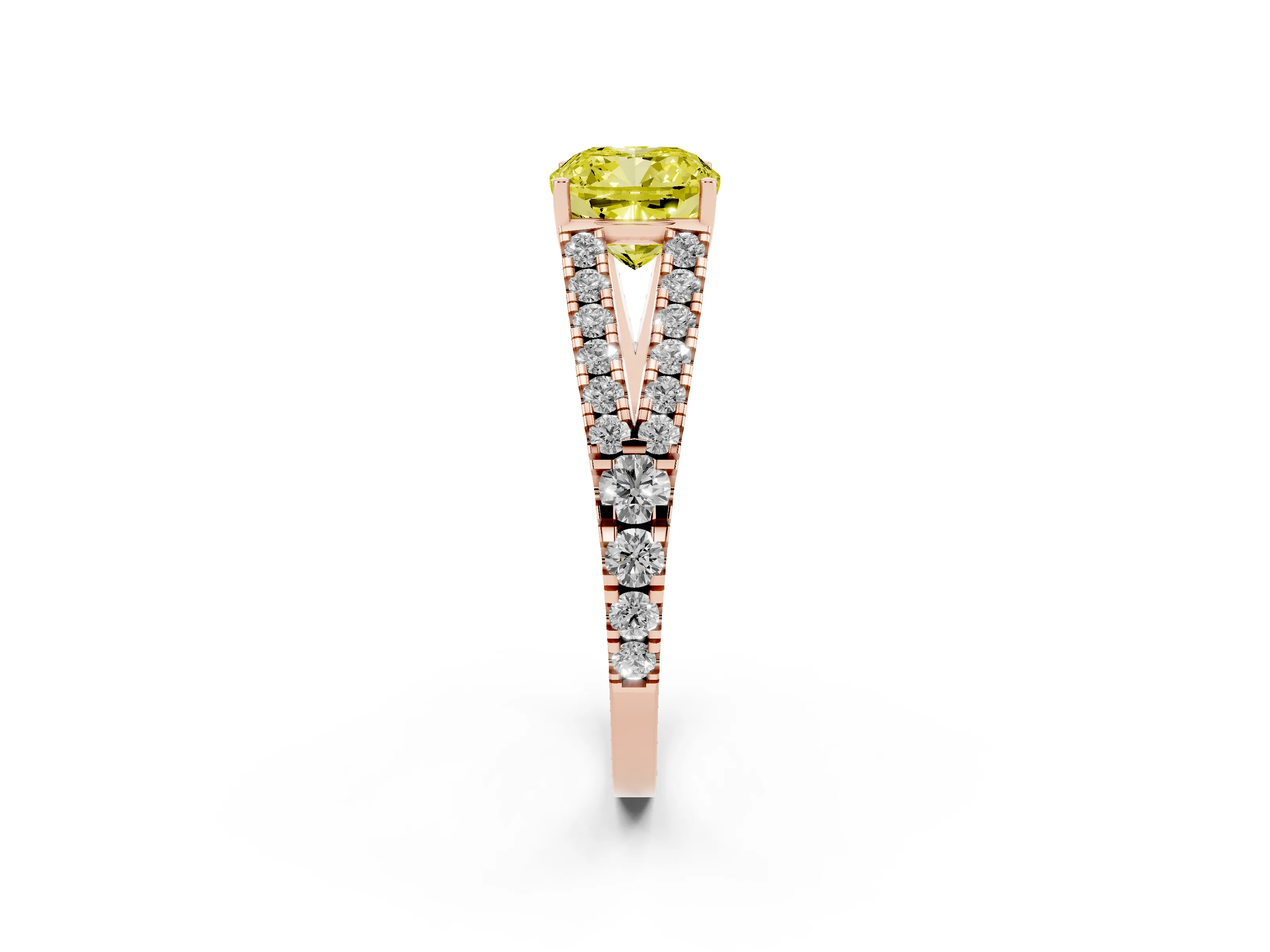 Fancy Yellow Cushion Cut Diamond Split Shank Pavé Engagement Ring Set in Rose gold with Prong-Held Center Stone