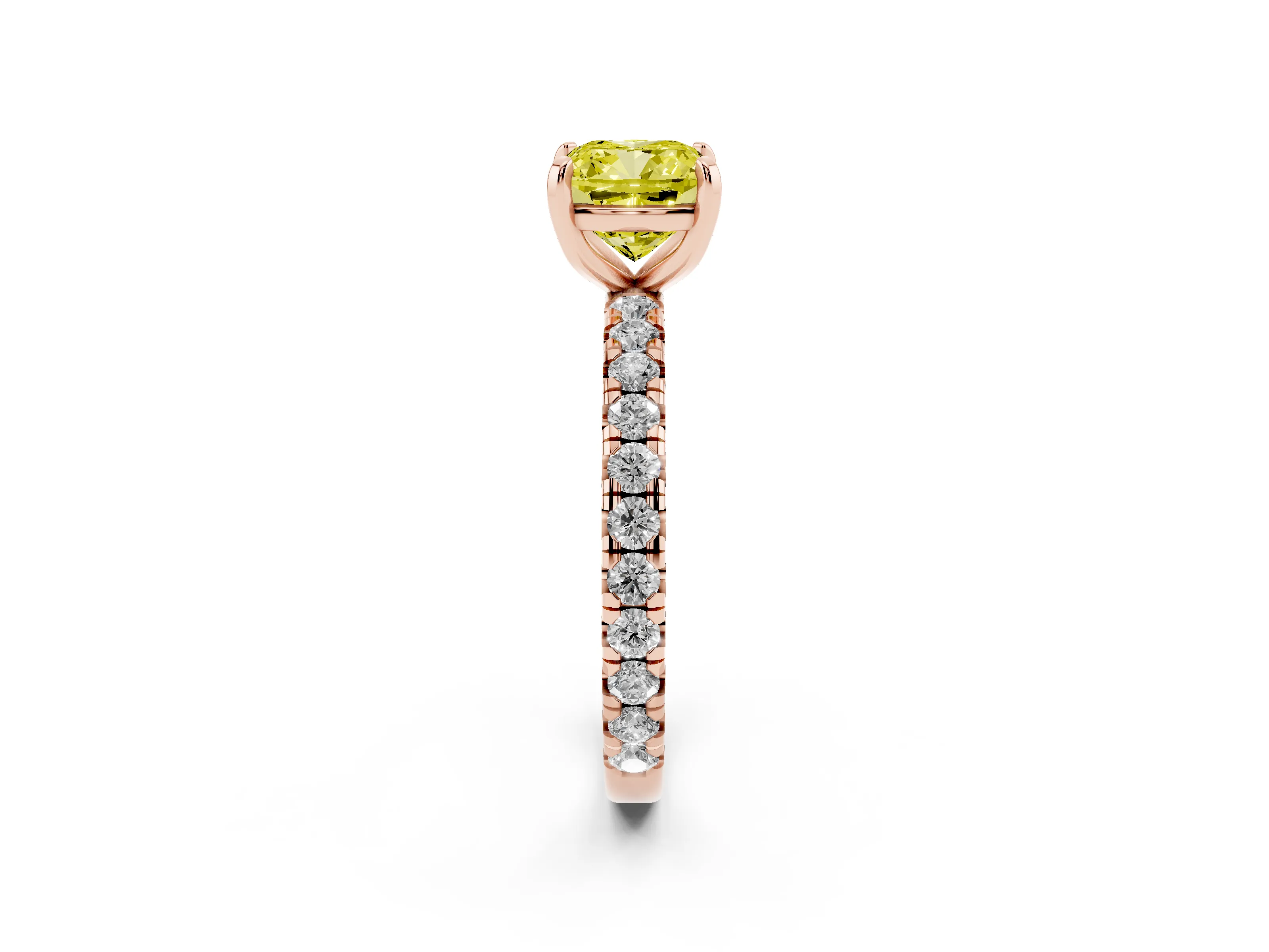 Fancy Yellow Cushion Cut Diamond Pavé Solitaire Ring Set in Rose gold with Round Band and Prong Setting