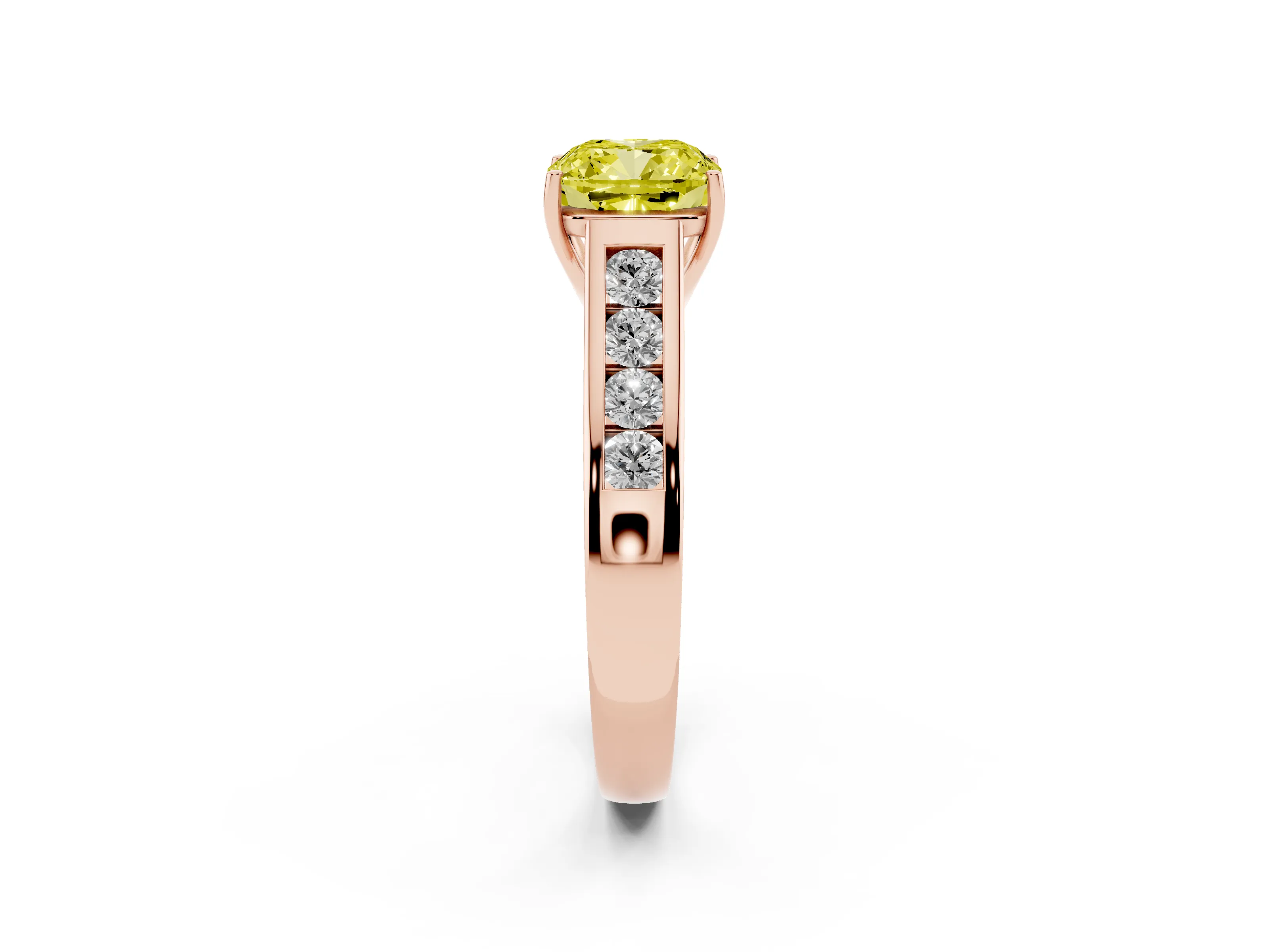 Fancy Yellow Cushion Cut Diamond Brilliant Channel-Set Solitaire Ring Set in Rose gold with Prong Setting