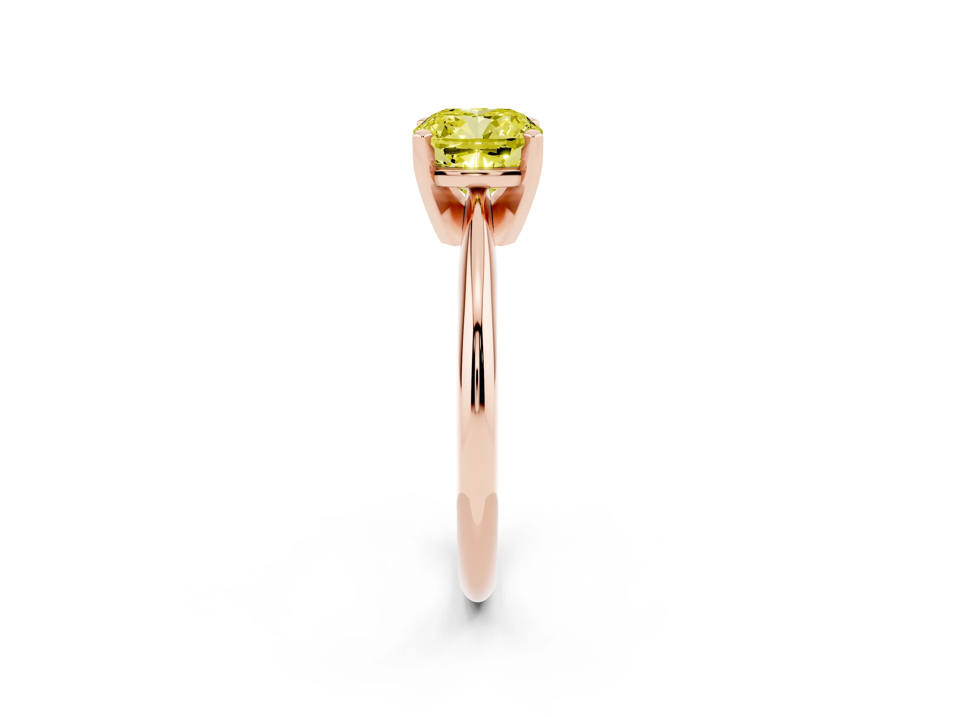 Fancy Yellow Cushion Cut Diamond Solitaire Ring Set in Rose gold with Prong Setting on a Plain Round Band