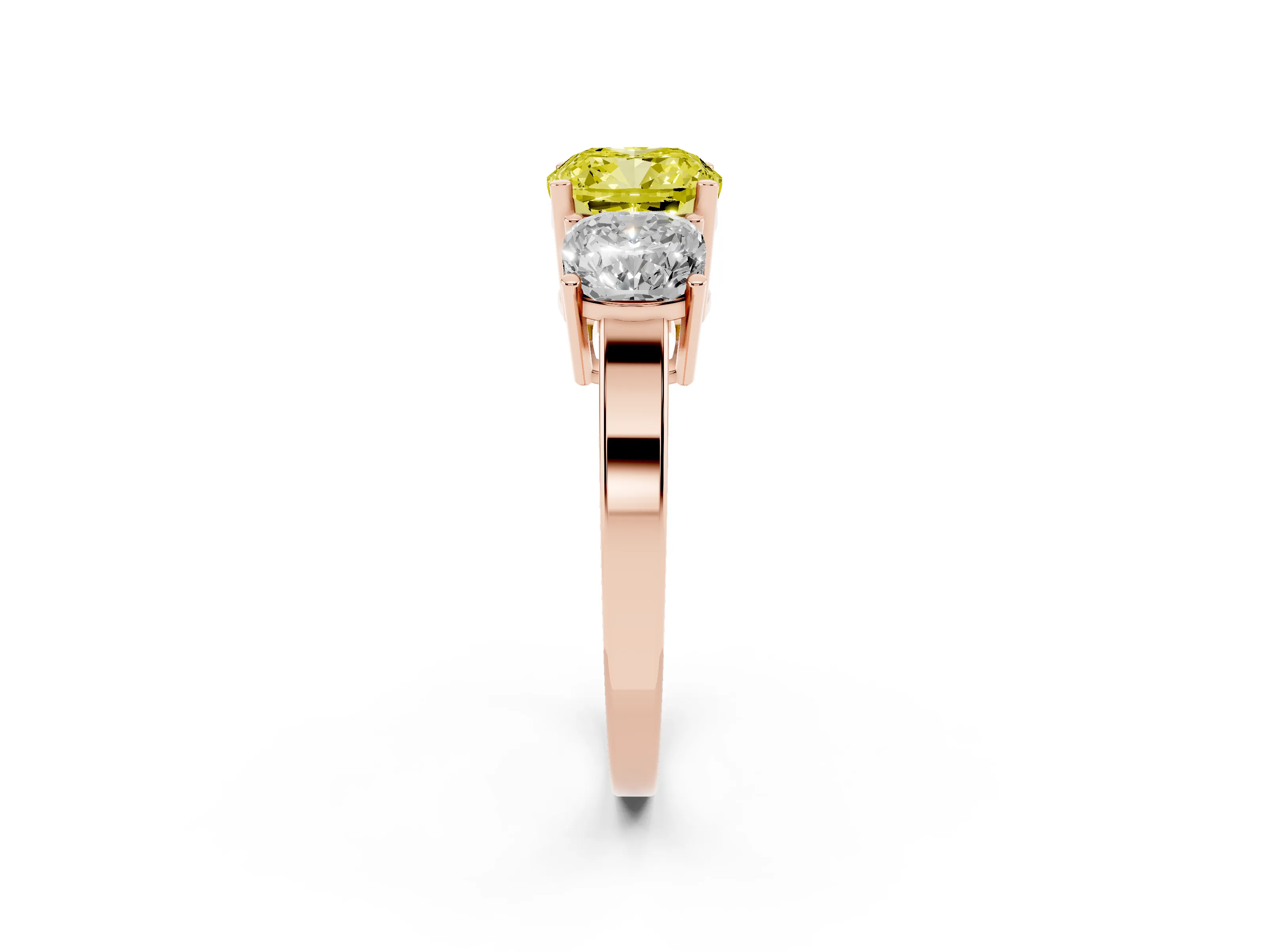 Fancy Yellow Cushion Cut Diamond Three-Stone Engagement Ring Set in Rose gold with Flat Band