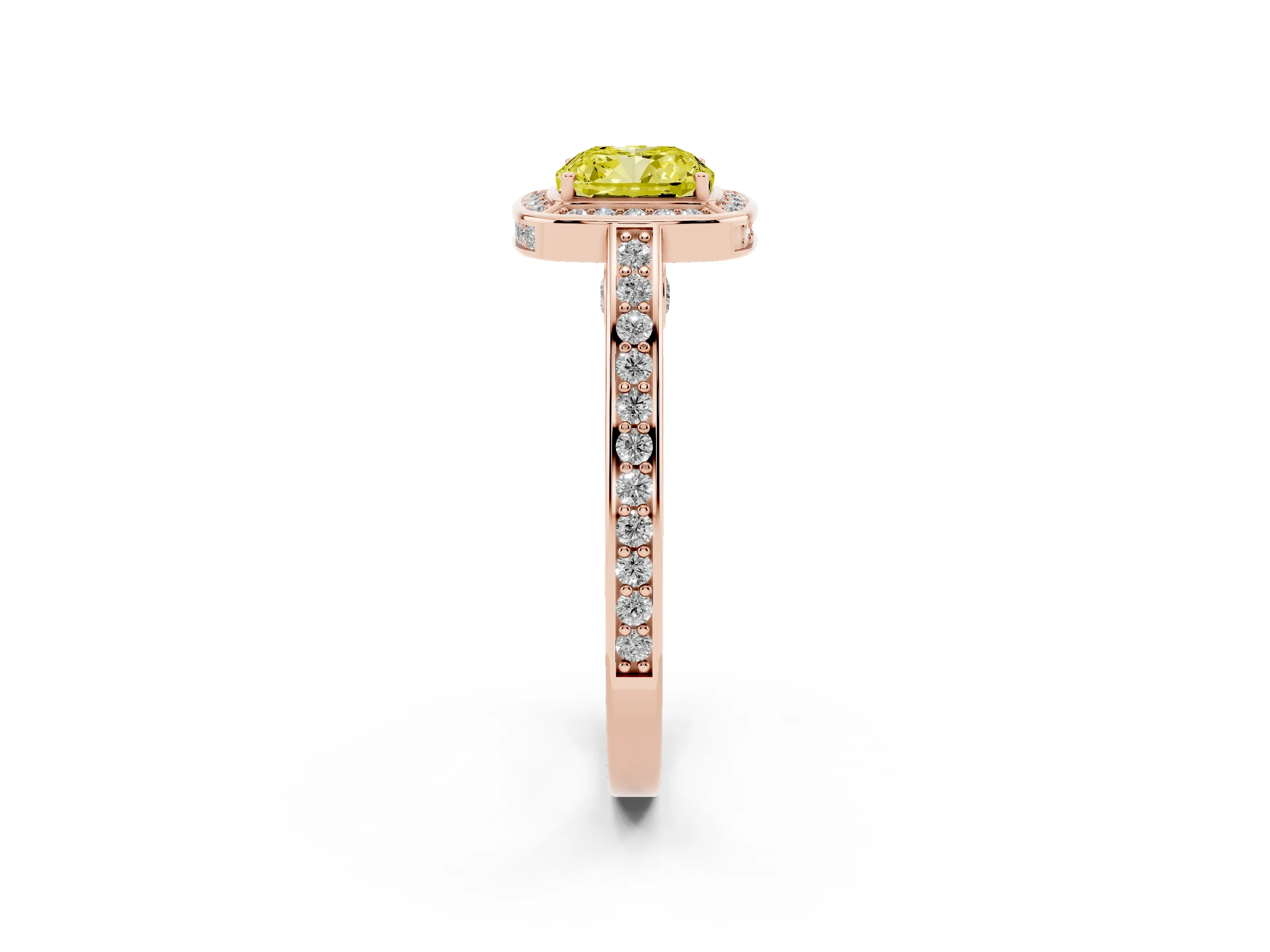 Fancy Yellow Cushion Cut Diamond Halo Pavé Split Shank Ring Set in Rose gold with Prong Setting