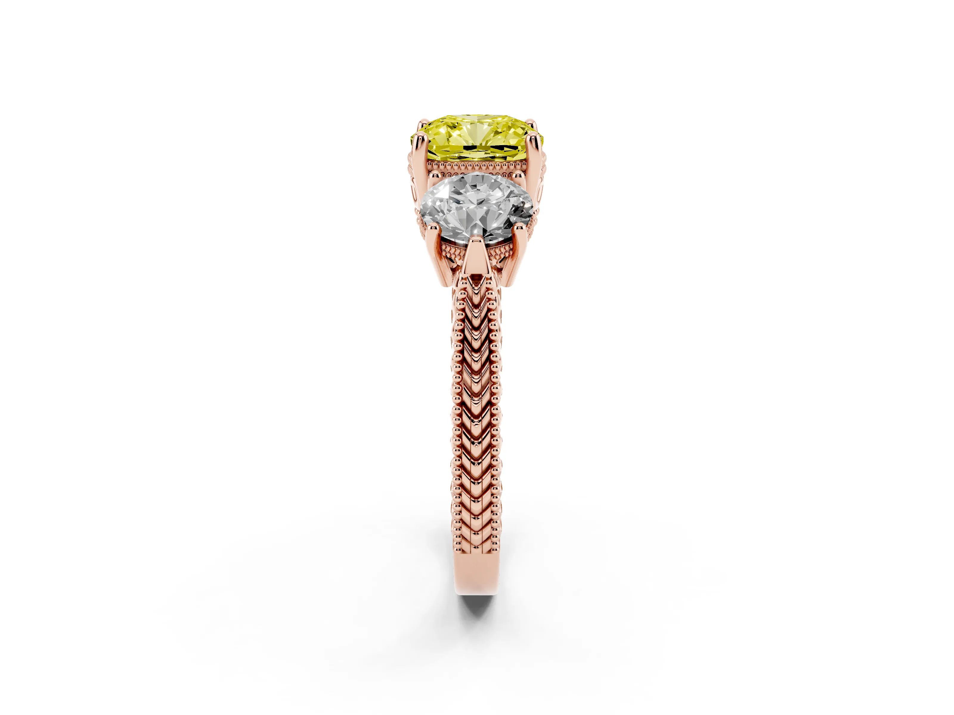 Fancy Yellow Cushion Cut Diamond Three-Stone Ring Set in Rose gold with Milgrain Band