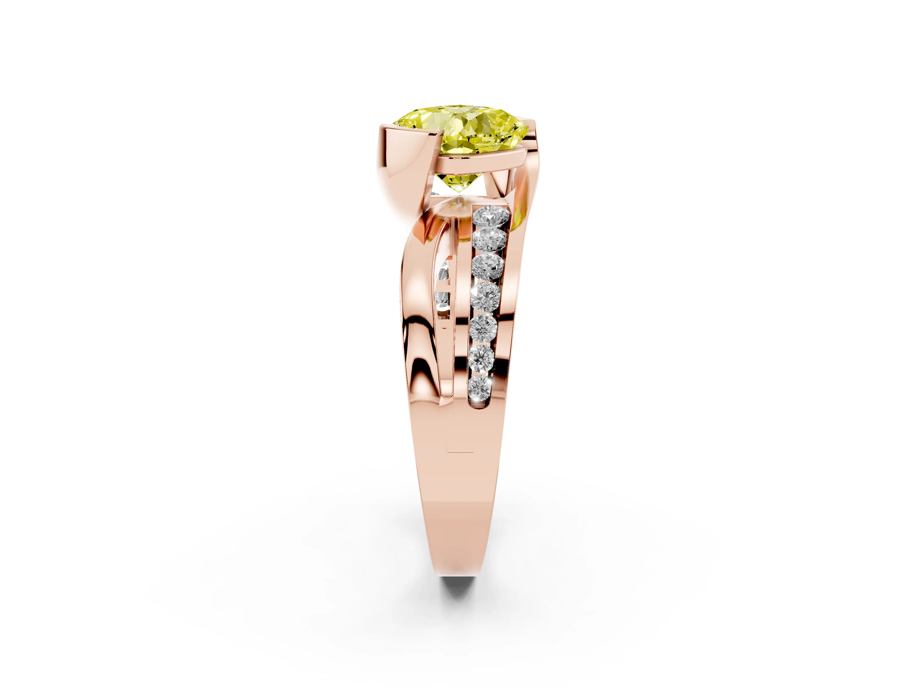 Fancy Yellow Cushion Cut Diamond Solitaire Ring Set in Rose gold with Channel Set Split Shank and Tension Prongs