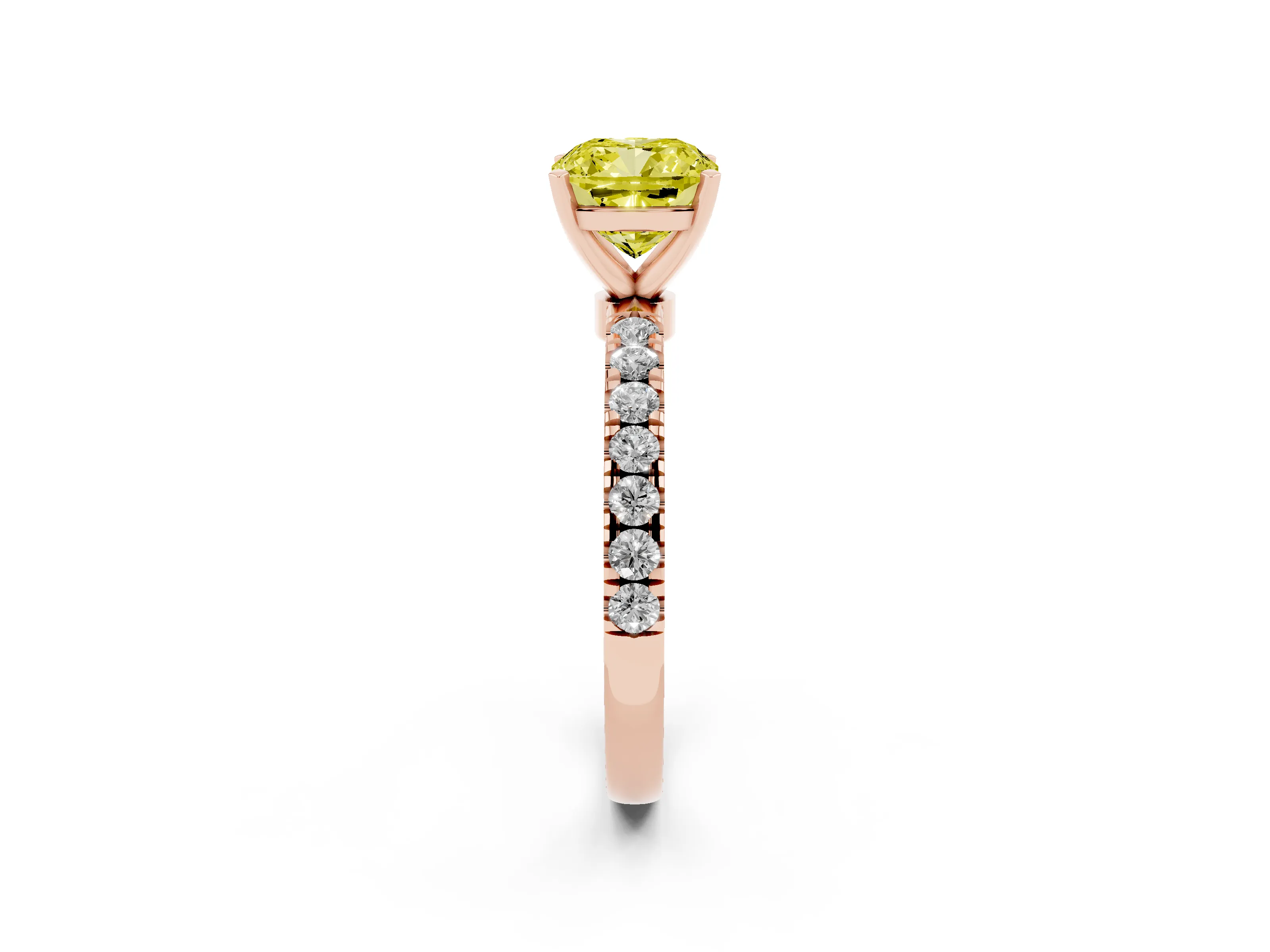 Fancy Yellow Cushion Cut Diamond Solitaire Ring Set in Rose gold with Pavé Accents and Prong Setting
