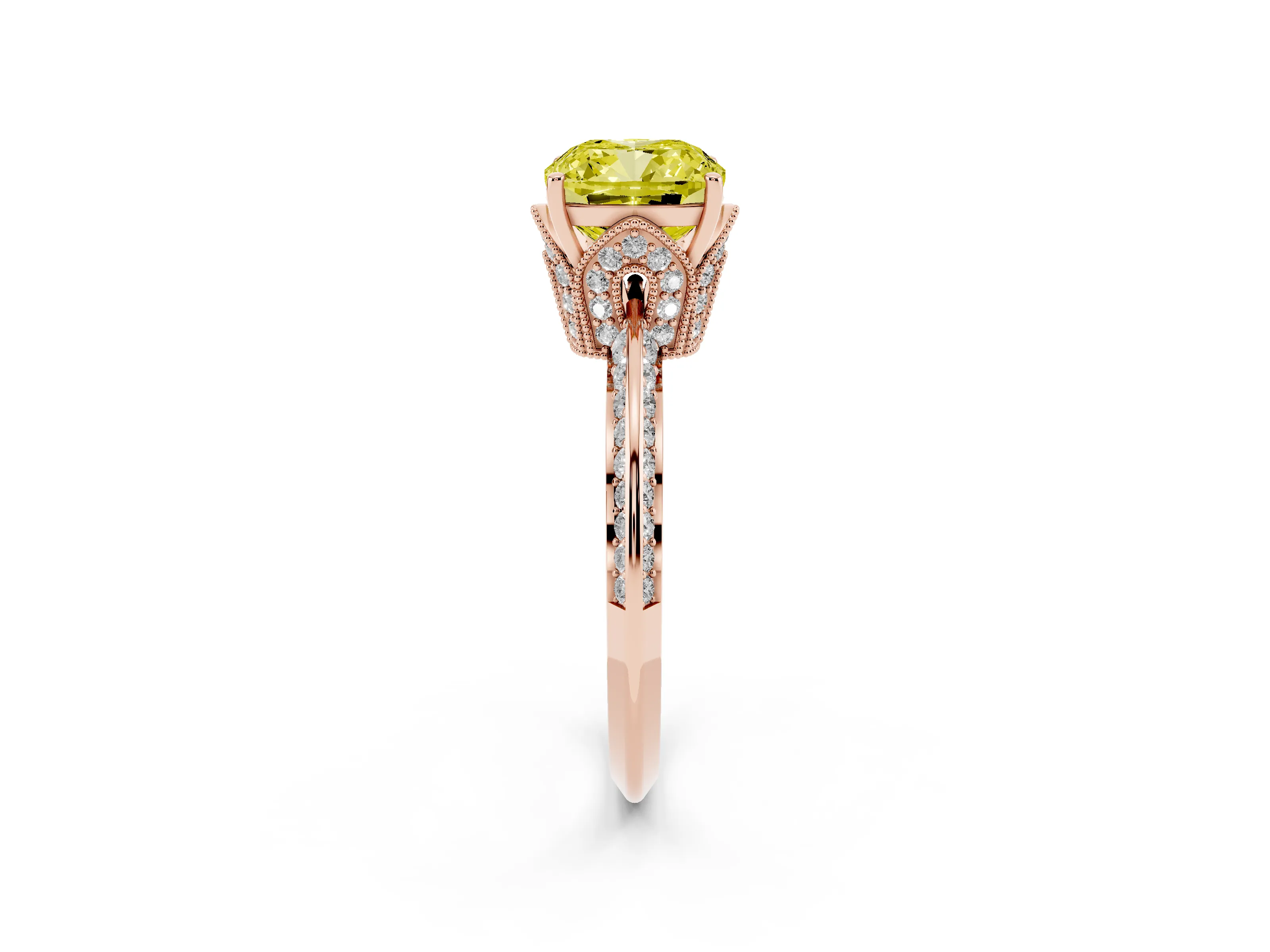 Fancy Yellow Cushion Cut Diamond Solitaire Engagement Ring Set in Rose gold with Pavé Split Shank and Prong Setting