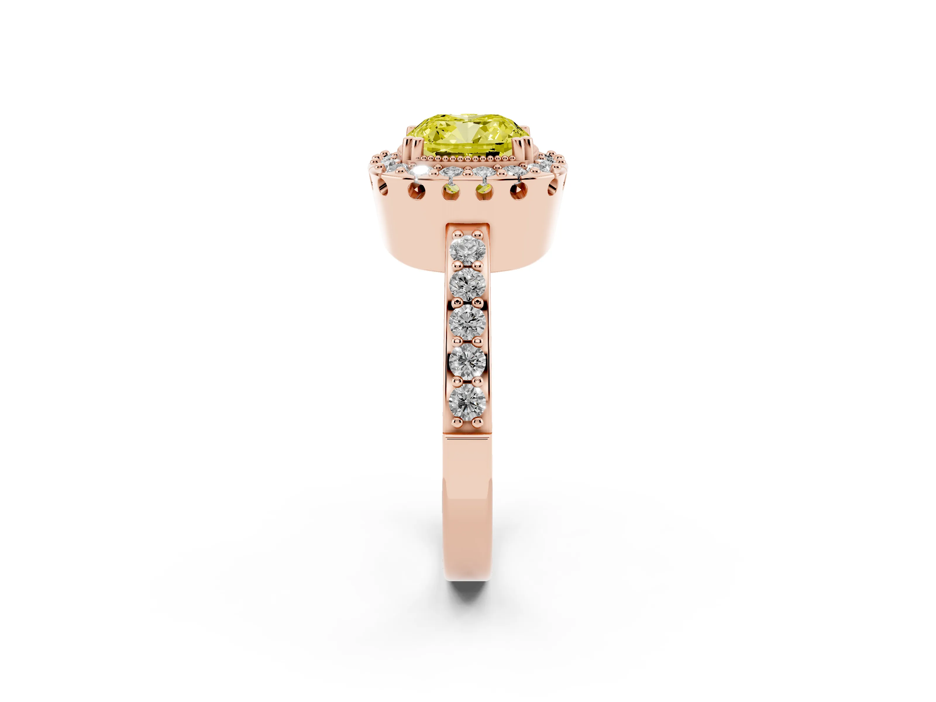 Fancy Yellow Cushion Cut Diamond Halo Ring Set in Rose gold with Pavé Shank and Prong Setting