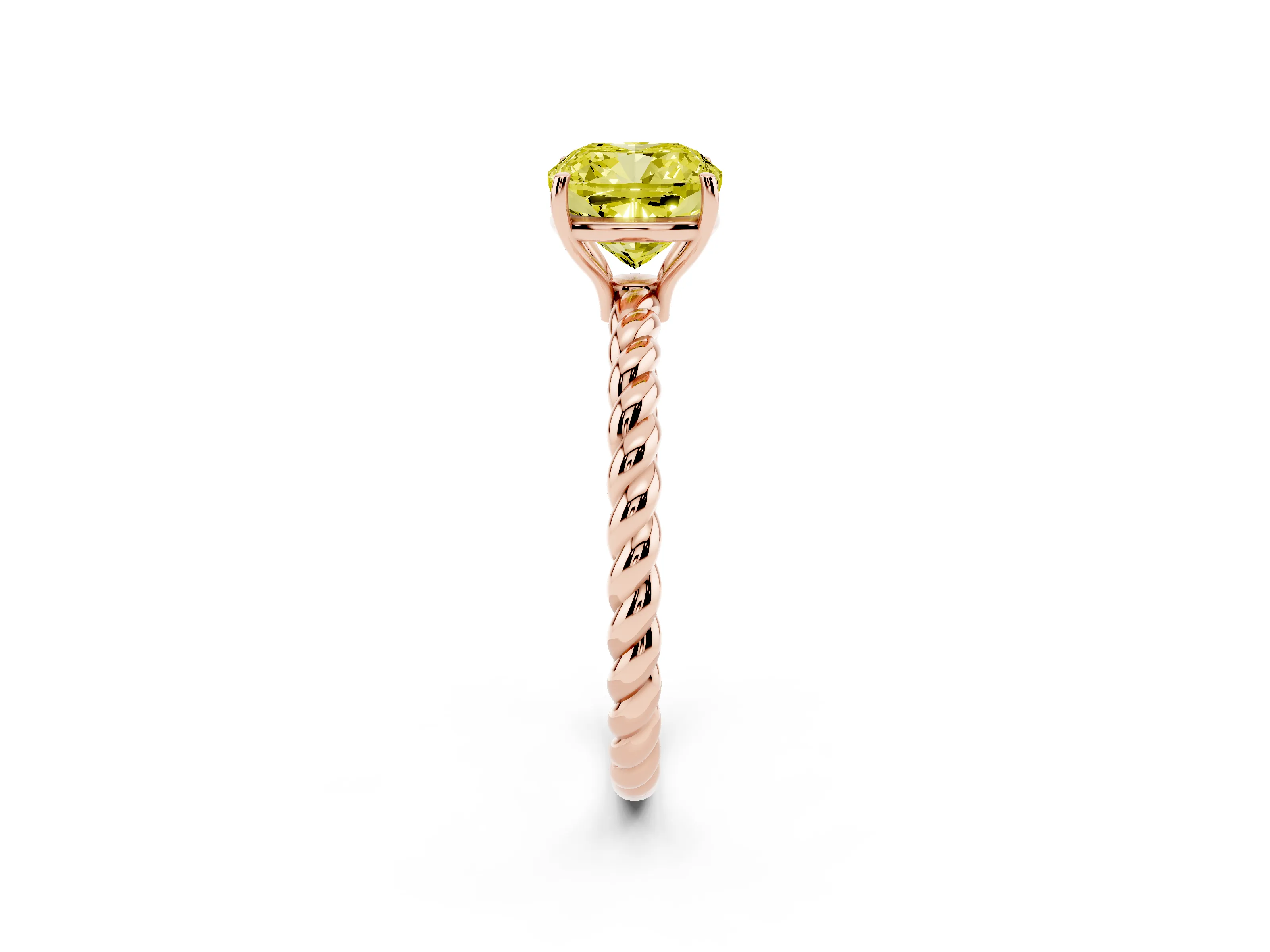 Fancy Yellow Cushion Cut Diamond Solitaire Ring Set in Rose gold with Twist Band and Prong Setting