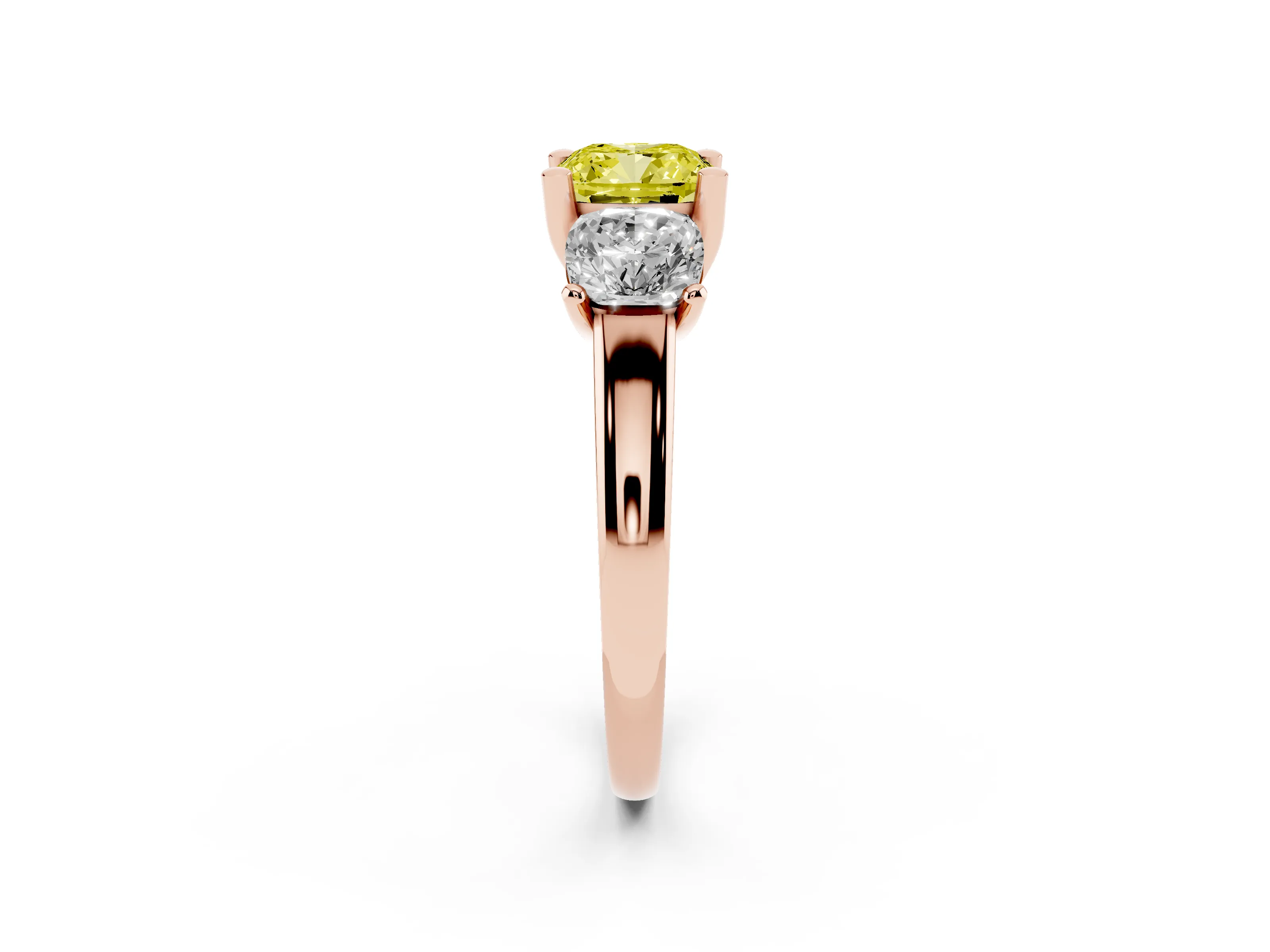 Fancy Yellow Cushion Cut Diamond Three-Stone Ring Set in Rose gold with Classic Prong Setting and Plain Band