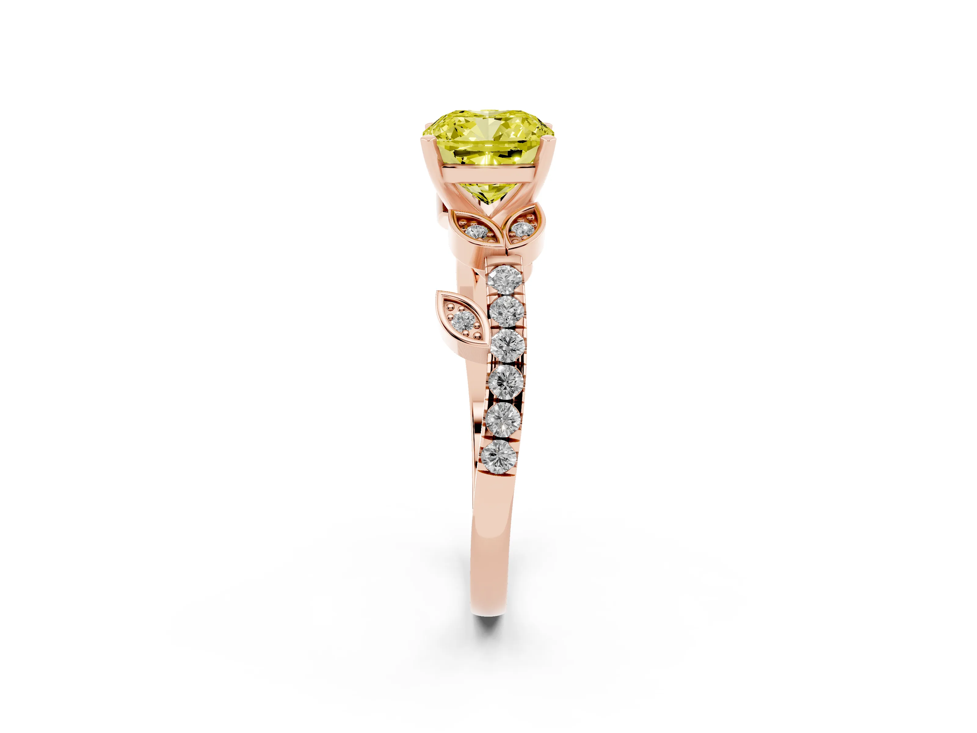 Fancy Yellow Cushion Cut Diamond Solitaire Leaf-Inspired Ring Set in Rose gold with Pavé Band and Prong Setting