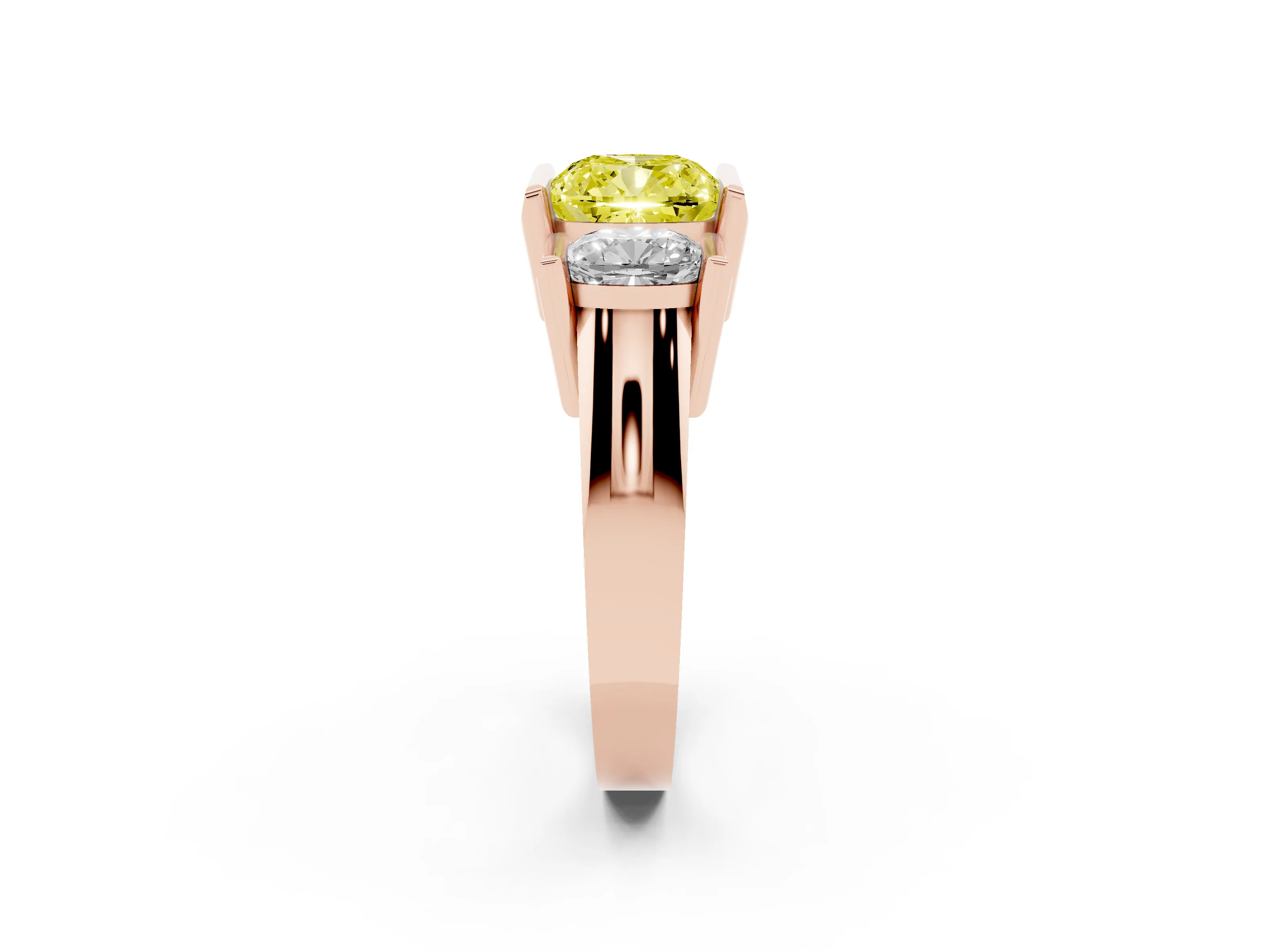 Fancy Yellow Cushion Cut Diamond Three-Stone Channel Set Ring Set in Rose gold with Smooth Polished Band