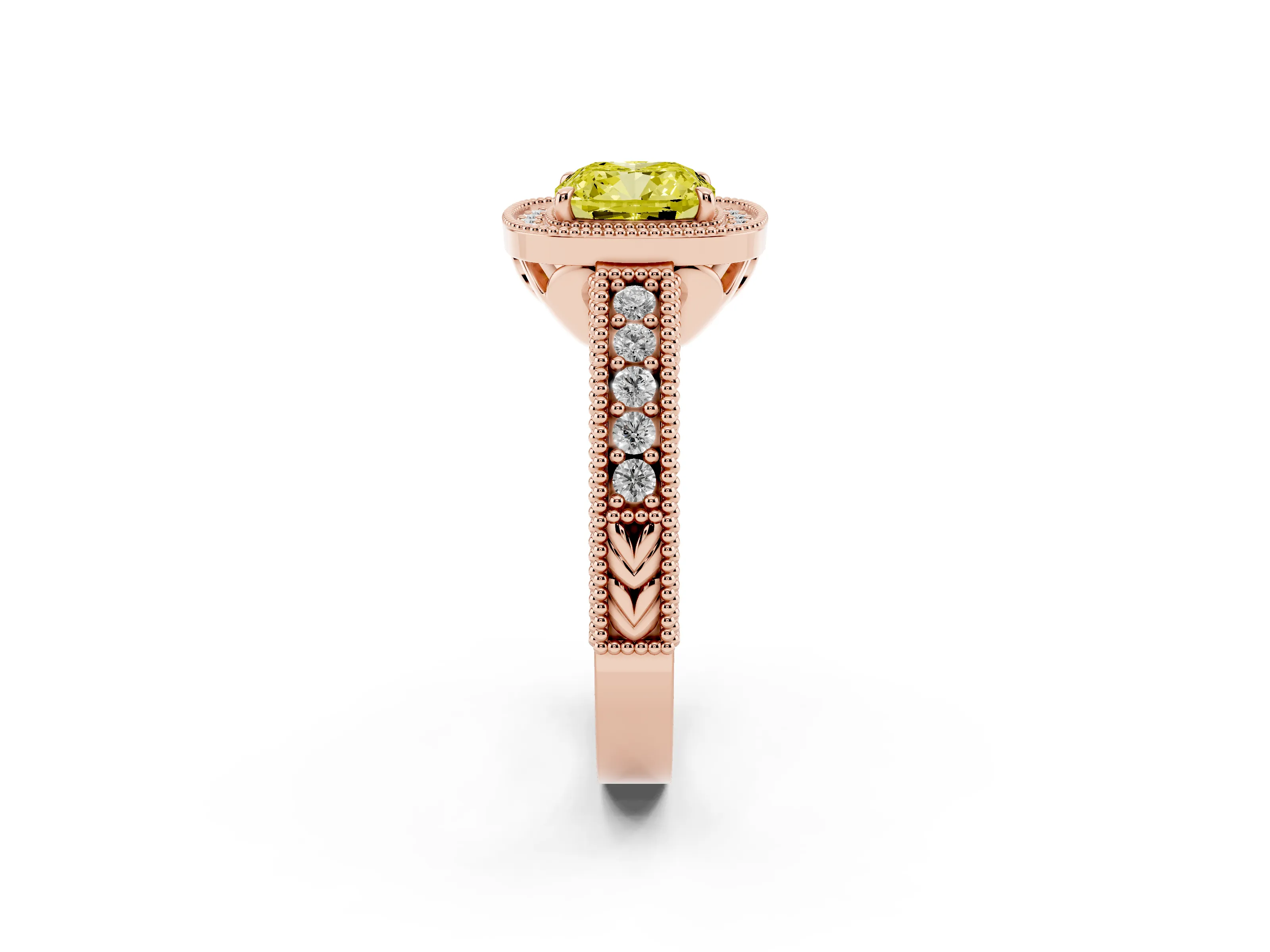 Fancy Yellow Cushion Cut Diamond Halo Ring Set in Rose gold with Round Accent Halo, Pavé Band and Prong Setting