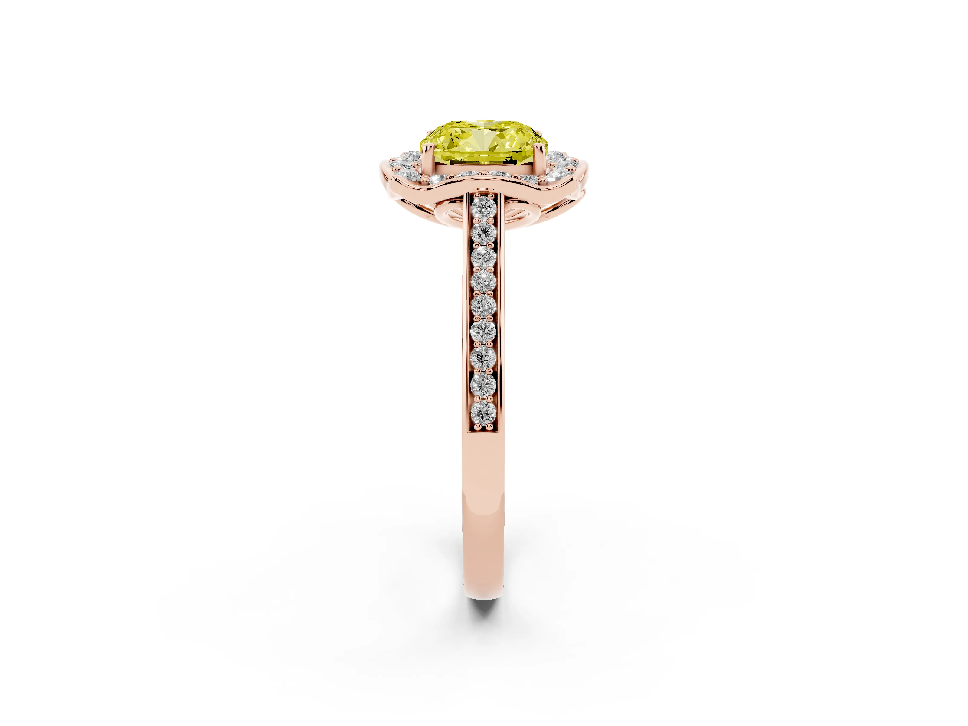Fancy Yellow Cushion Cut Diamond Halo Ring Set in Rose gold with Pavé-Lined Shoulders and Prong Setting