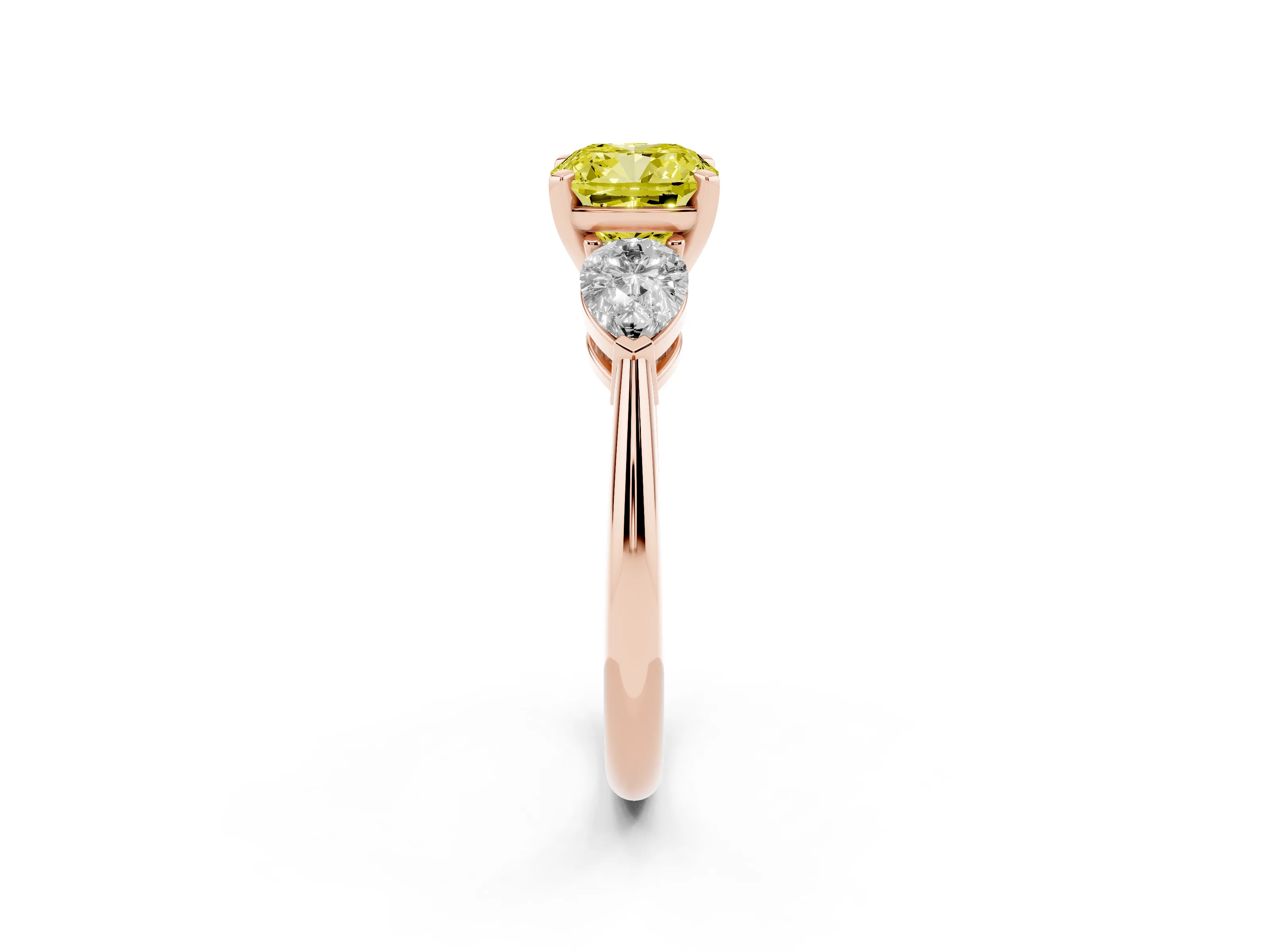 Fancy Yellow Three-Stone Cushion Cut Diamond Ring Set in Rose gold with Pear Side Stones and Prong Setting
