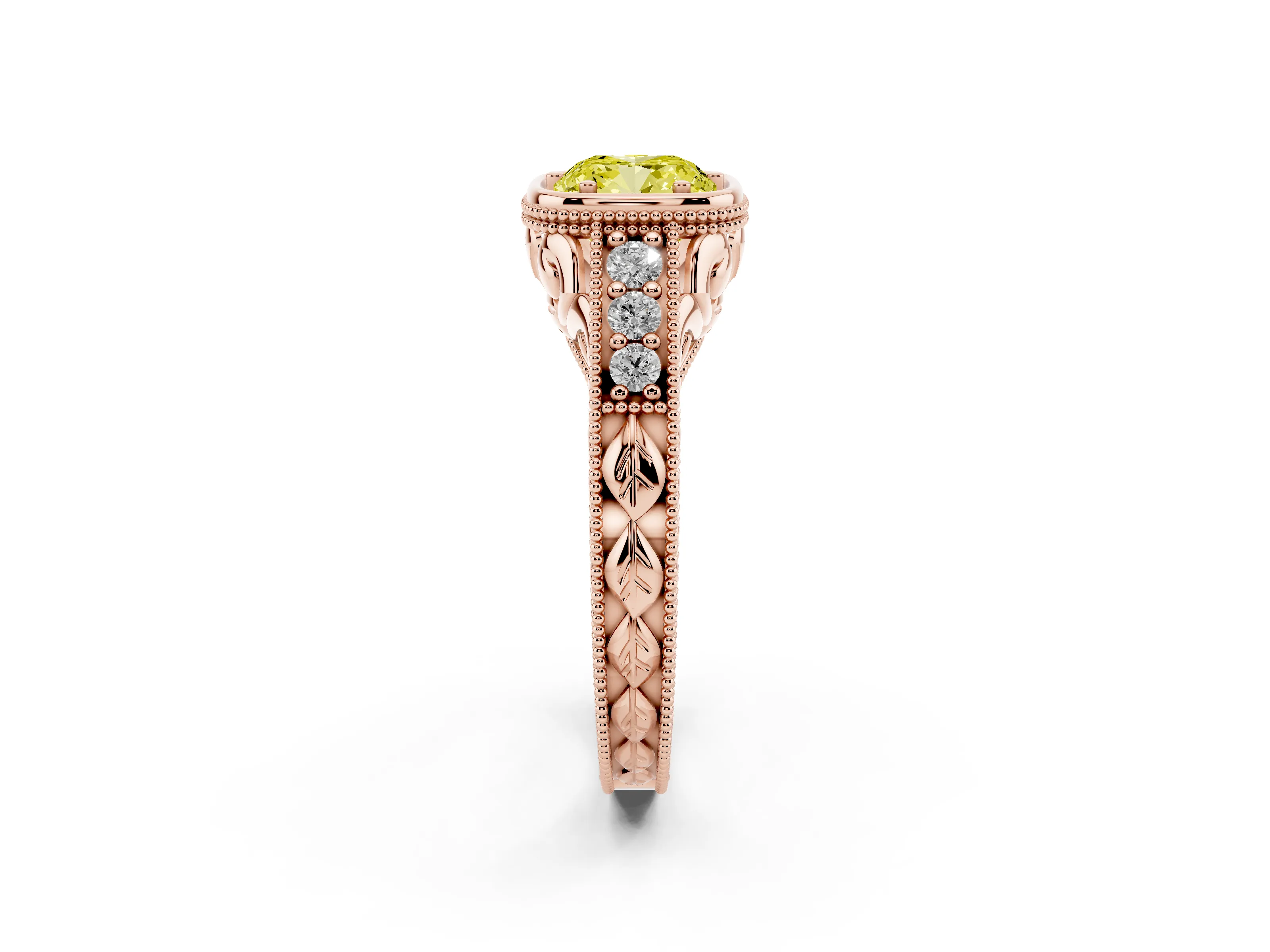 Fancy Yellow Bezel Set Cushion Cut Diamond Milgrain Pavé Engagement Ring Set in Rose gold