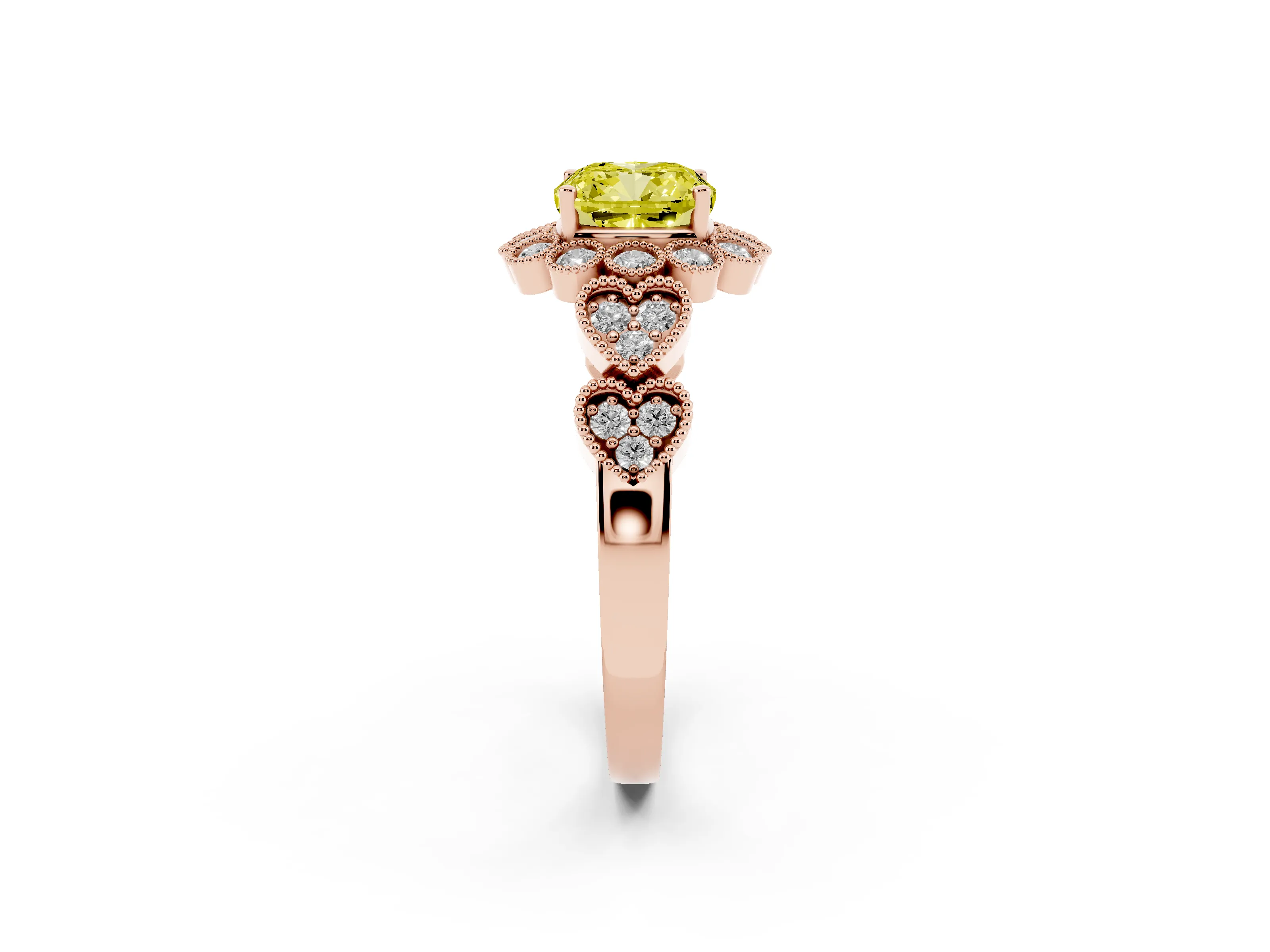 Fancy Yellow Cushion Cut Diamond Solitaire Ring Set in Rose gold with Milgrain Pavé Heart Band