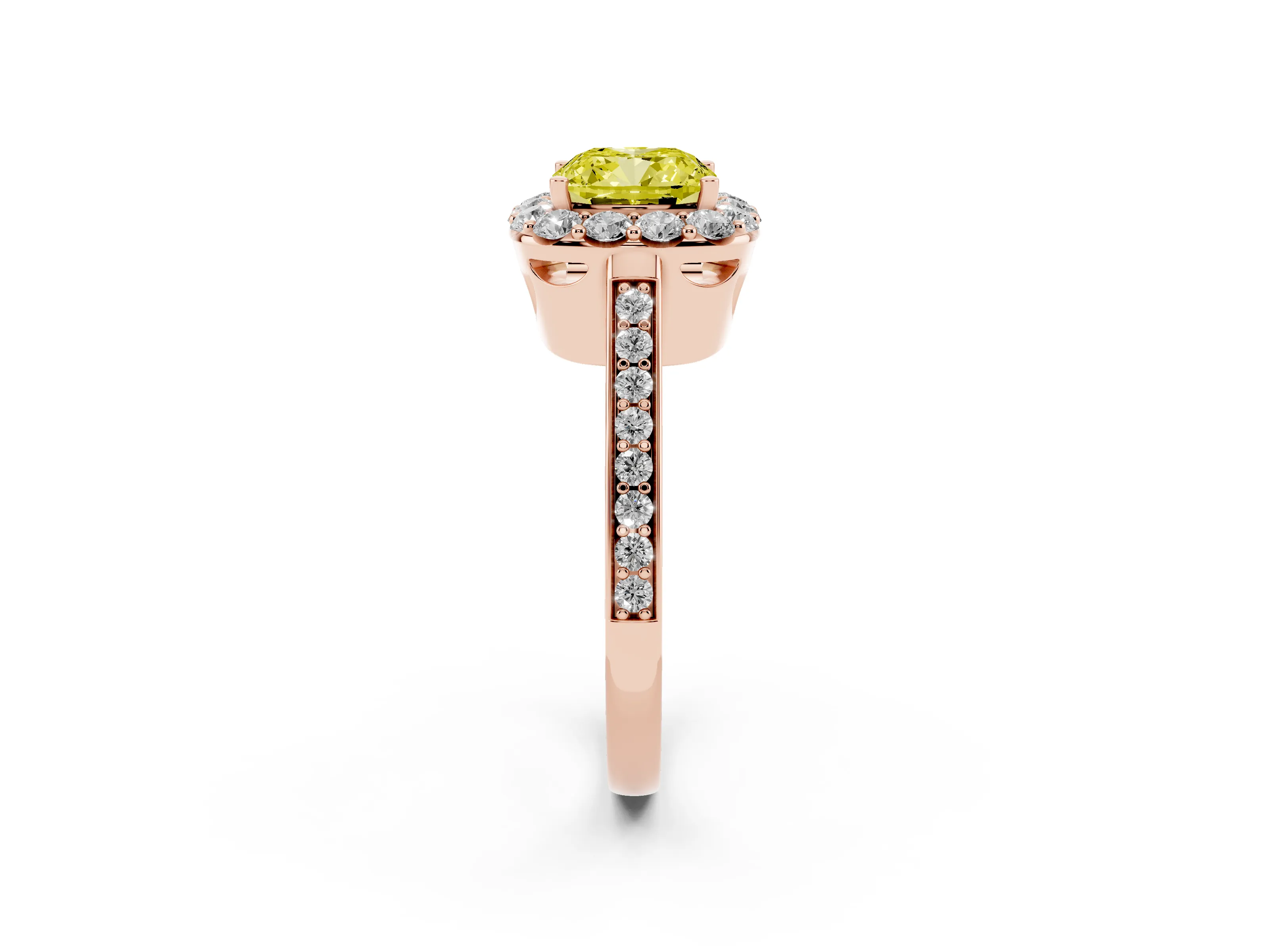 Fancy Yellow Cushion Cut Diamond Floral Halo Ring Set in Rose gold with Pavé Band and Prong Setting