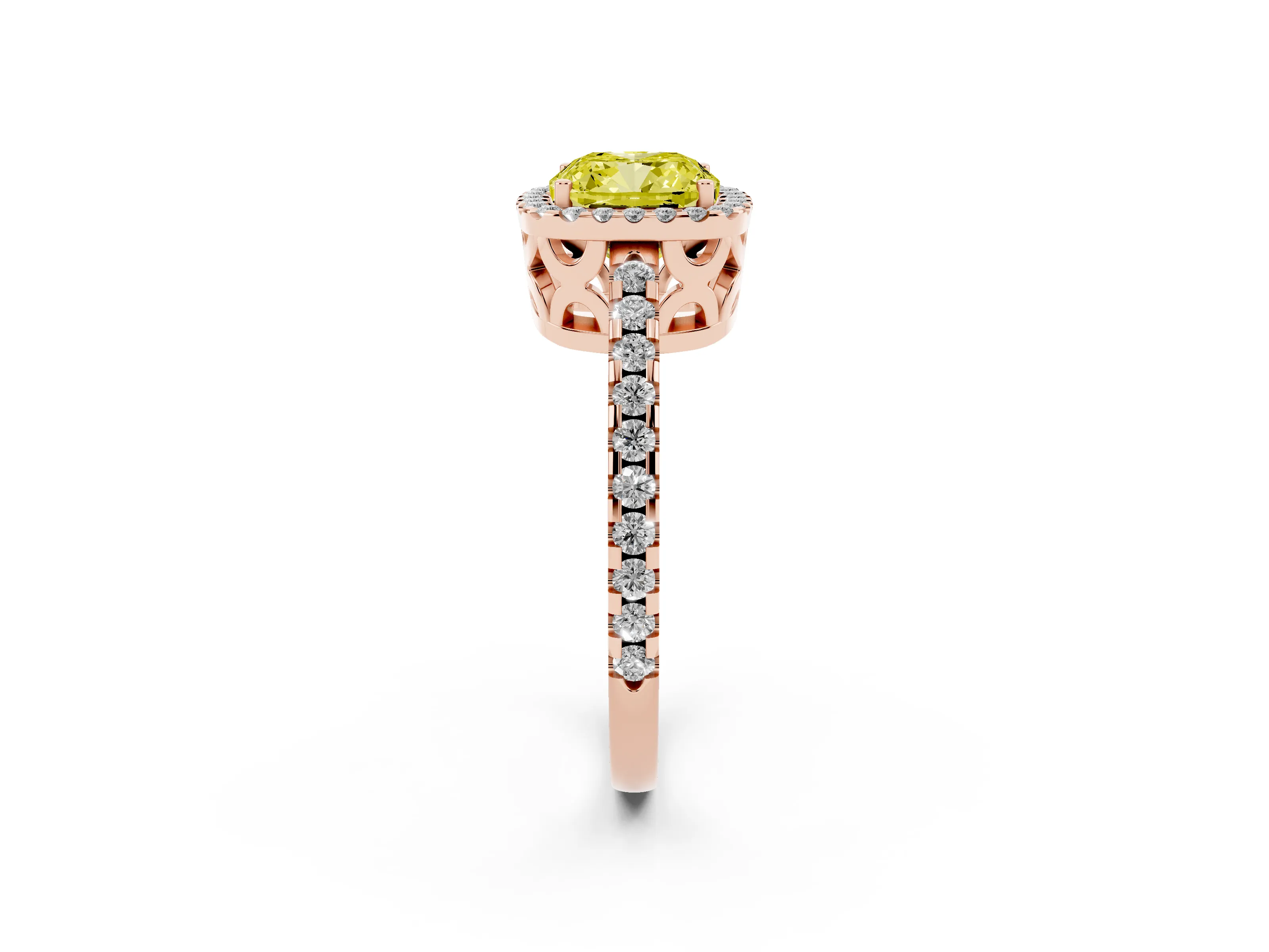 Fancy Yellow Cushion Cut Diamond Halo Ring Set in Rose gold with Pavé Shoulders and Halo-Framed Center