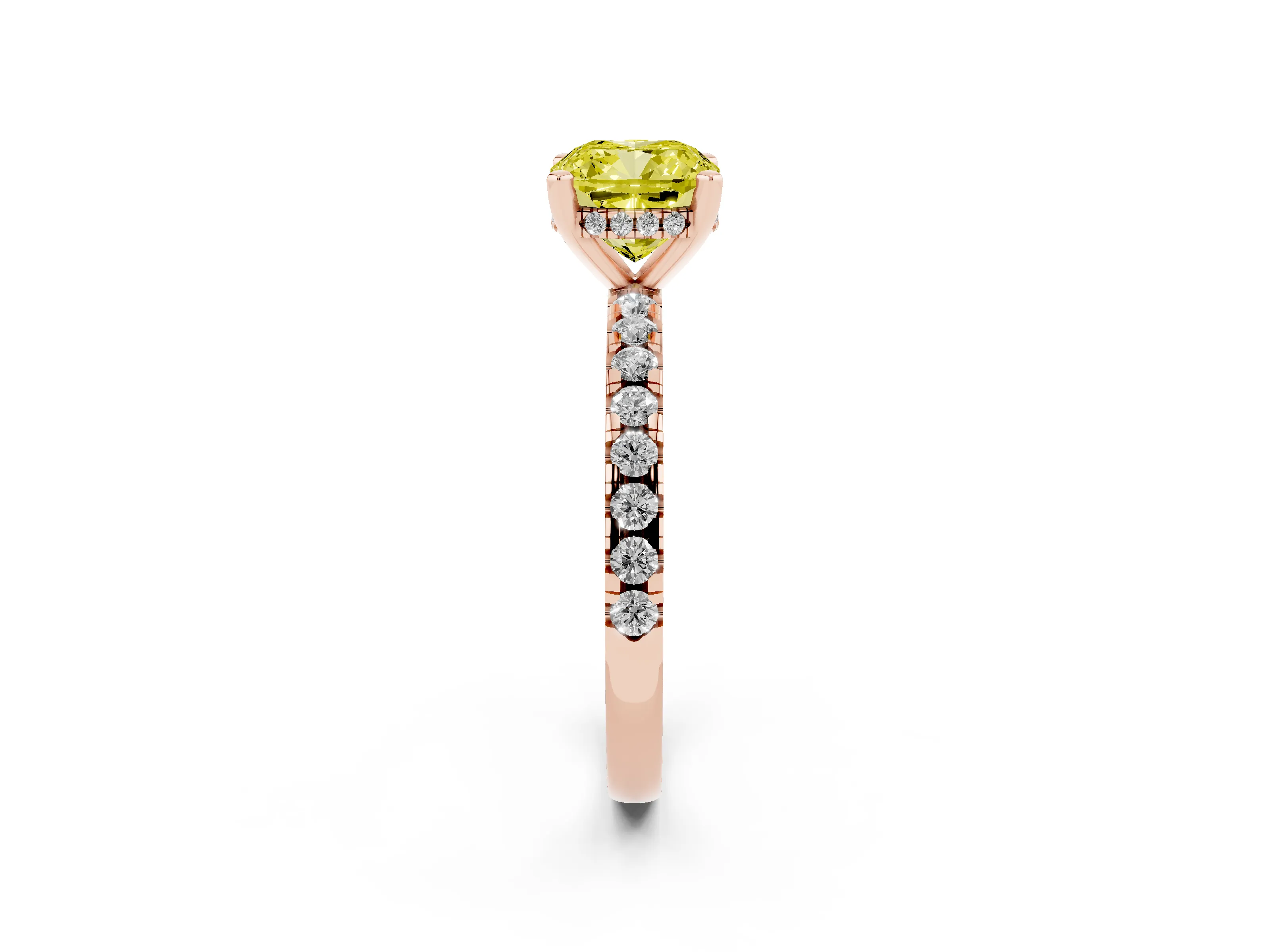 Fancy Yellow Cushion Cut Diamond Pavé Solitaire Ring Set in Rose gold with Round Band Accents and Prong Setting