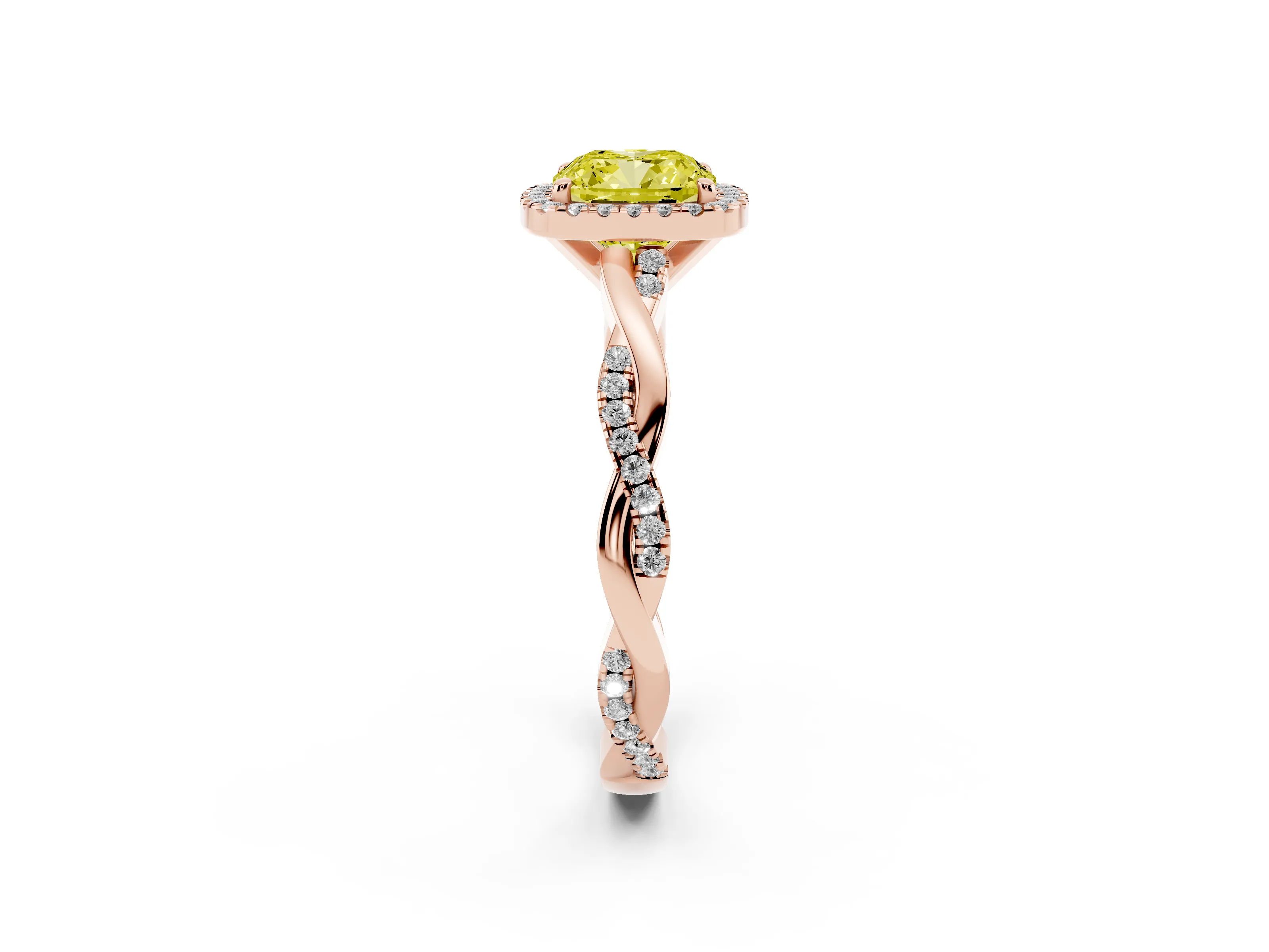Fancy Yellow Cushion Cut Diamond Halo Twisted Band Ring Set in Rose gold with Prong Setting