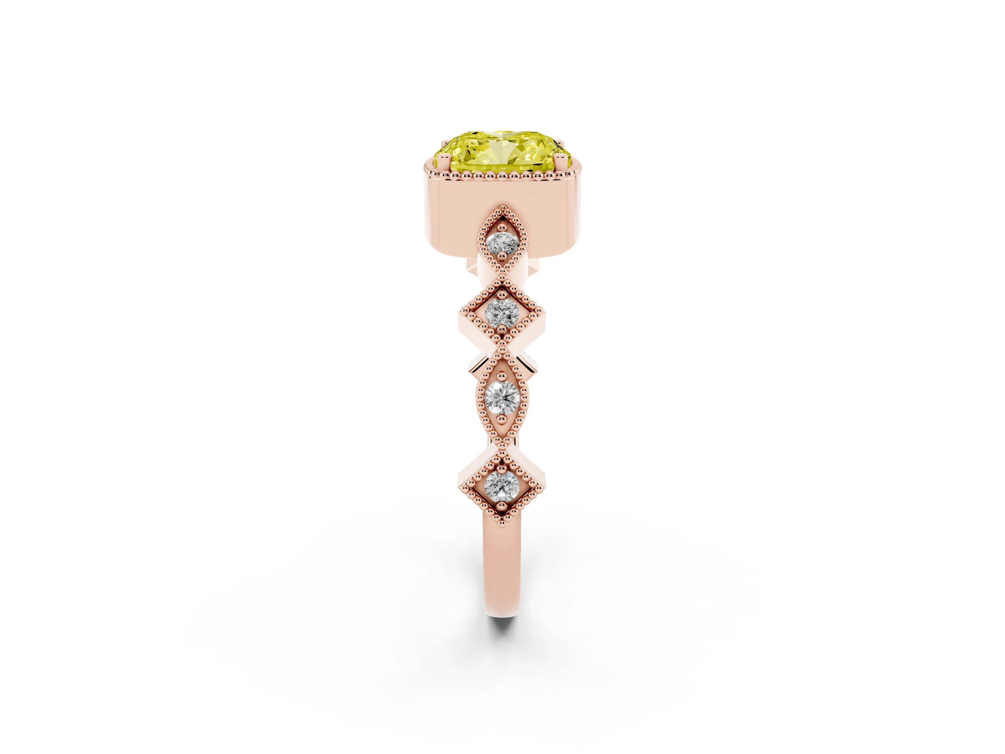Fancy Yellow Cushion Cut Diamond Milgrain Marquise Twist Band Ring Set in Rose gold with Prong Setting