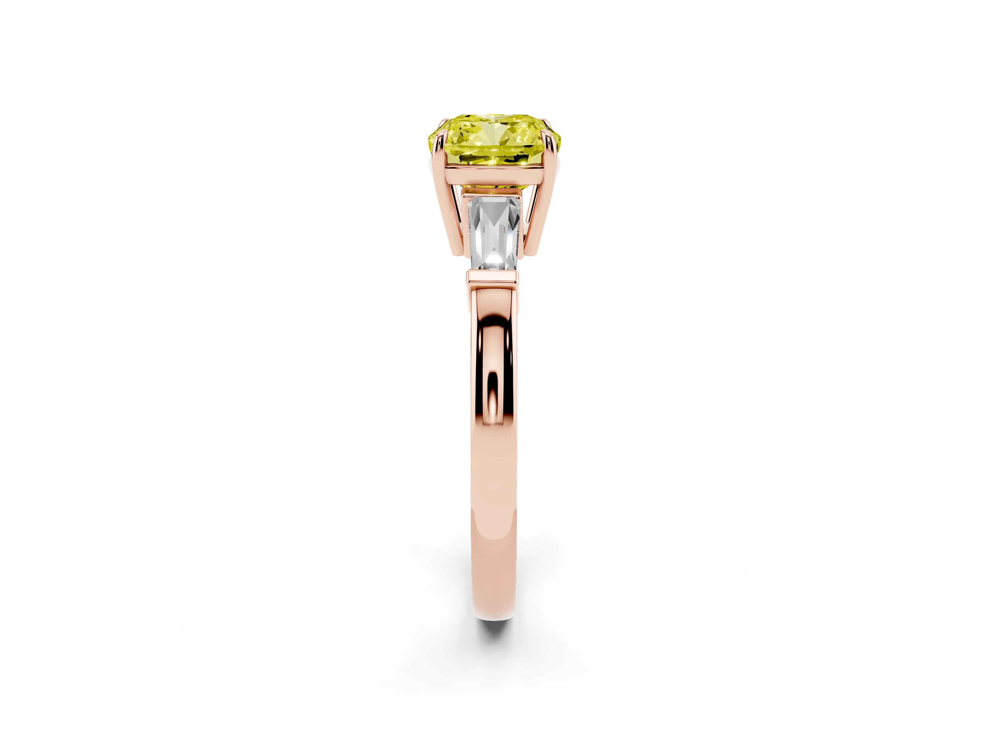 Fancy Yellow Cushion Cut Diamond Three-Stone Ring Set in Rose gold with Tapered Baguette Side Stones and Prong Setting