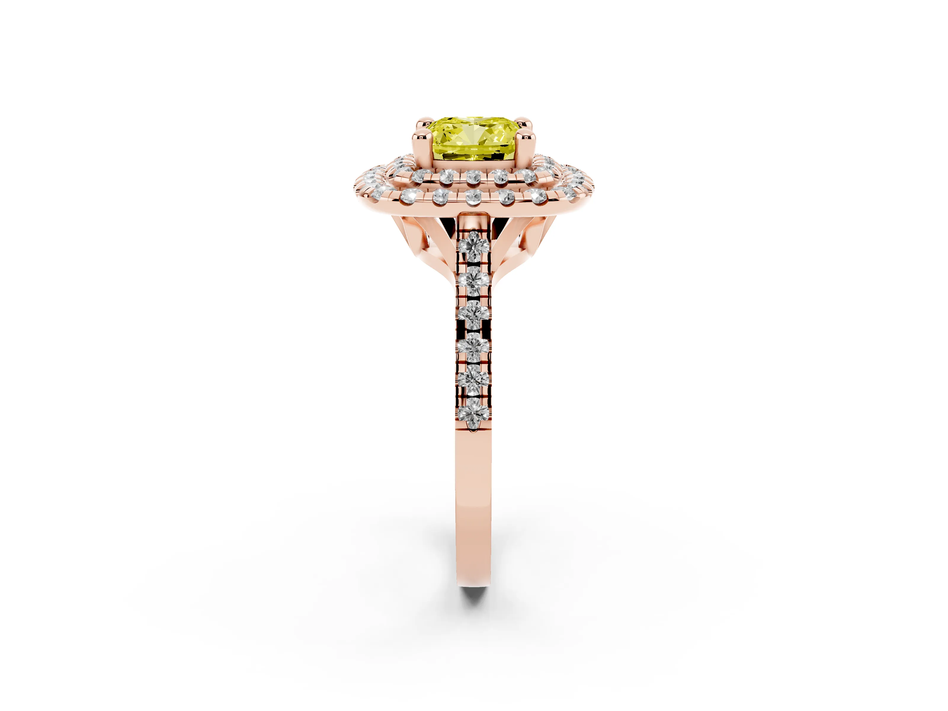 Fancy Yellow Cushion Cut Diamond Double Halo Statement Ring Set in Rose gold with Pavé Band