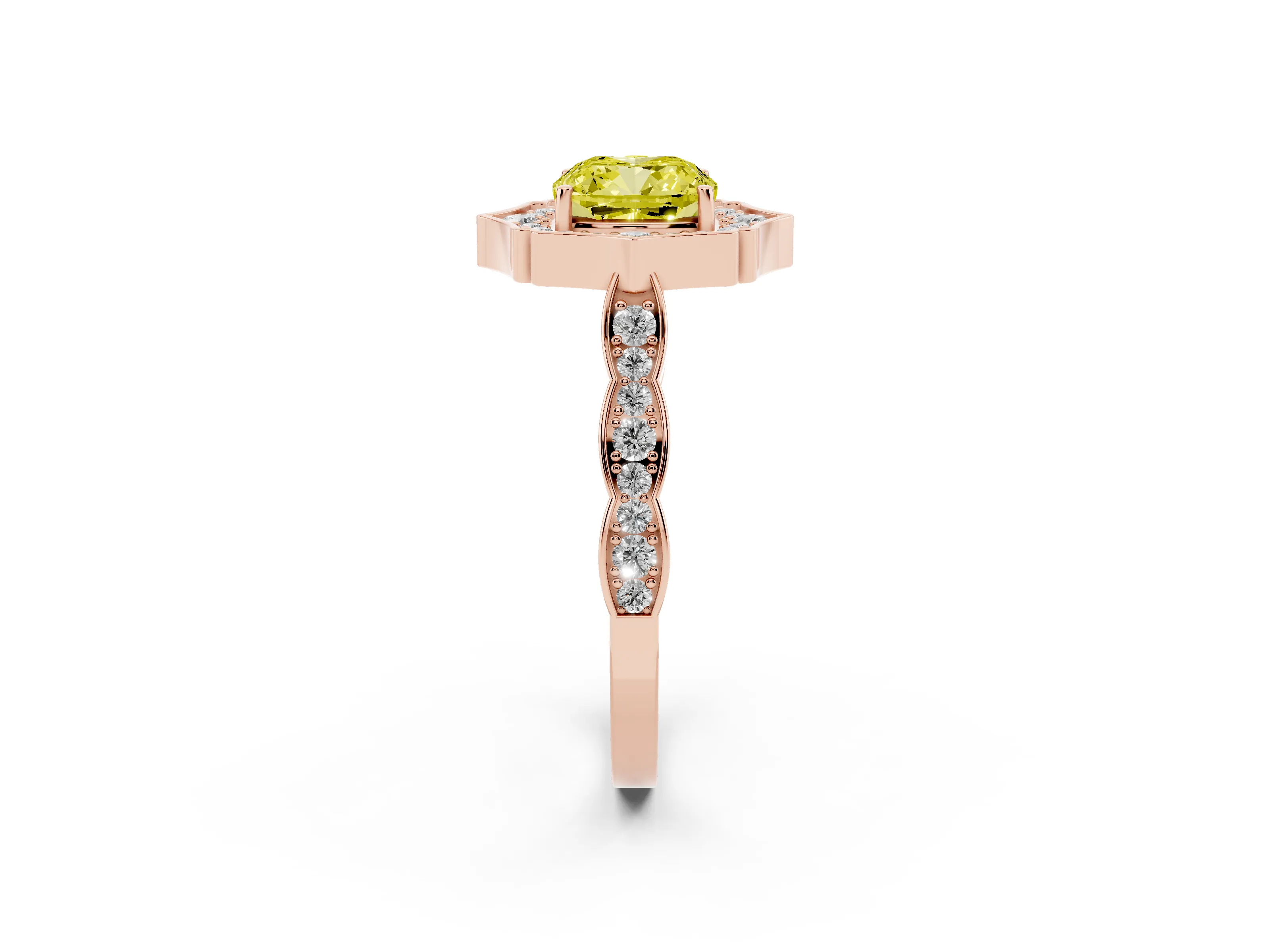 Fancy Yellow Cushion Cut Diamond Halo Engagement Ring Set in Rose gold with Milgrain Band and Prong Setting