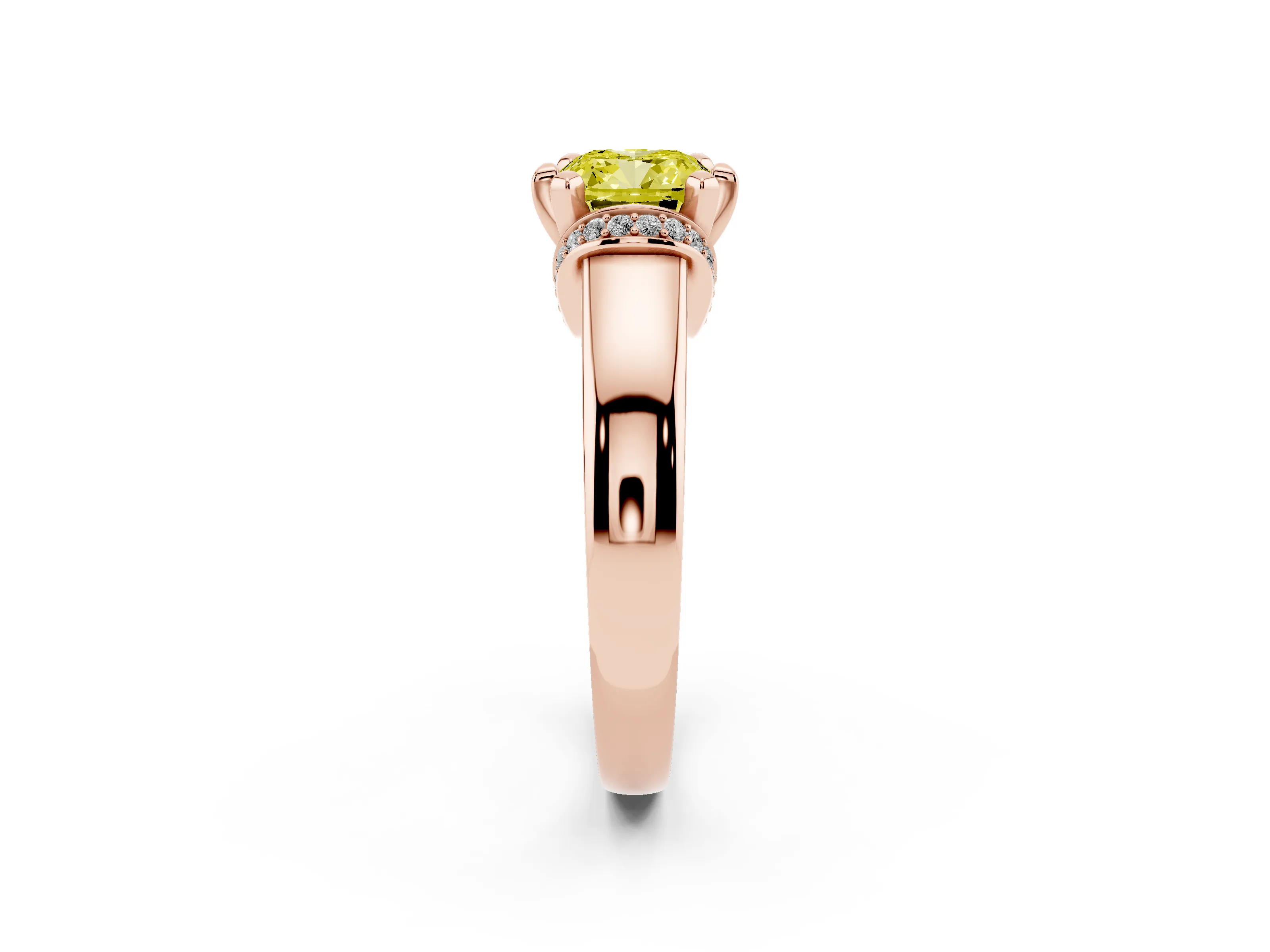 Fancy Yellow Cushion Cut Diamond Pavé Band Solitaire Ring Set in Rose gold with Prong Setting