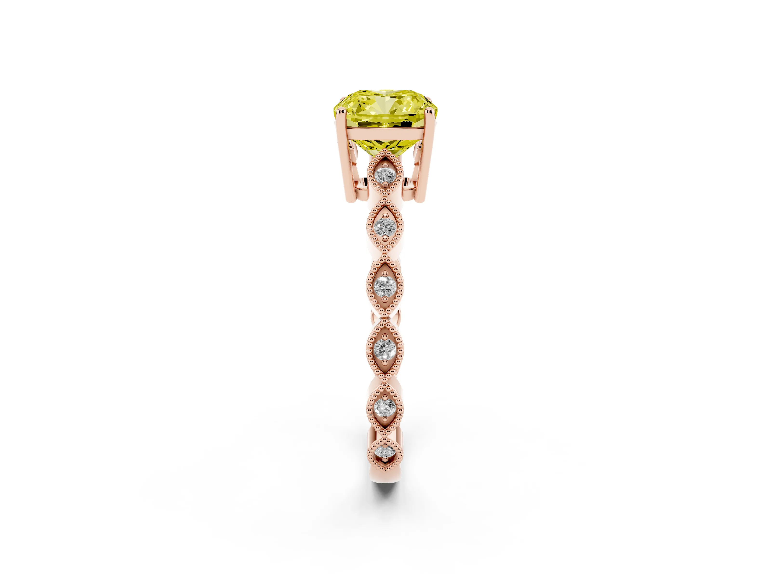 Fancy Yellow Cushion Cut Diamond Solitaire Ring Set in Rose gold with Infinity Twist Pavé Band