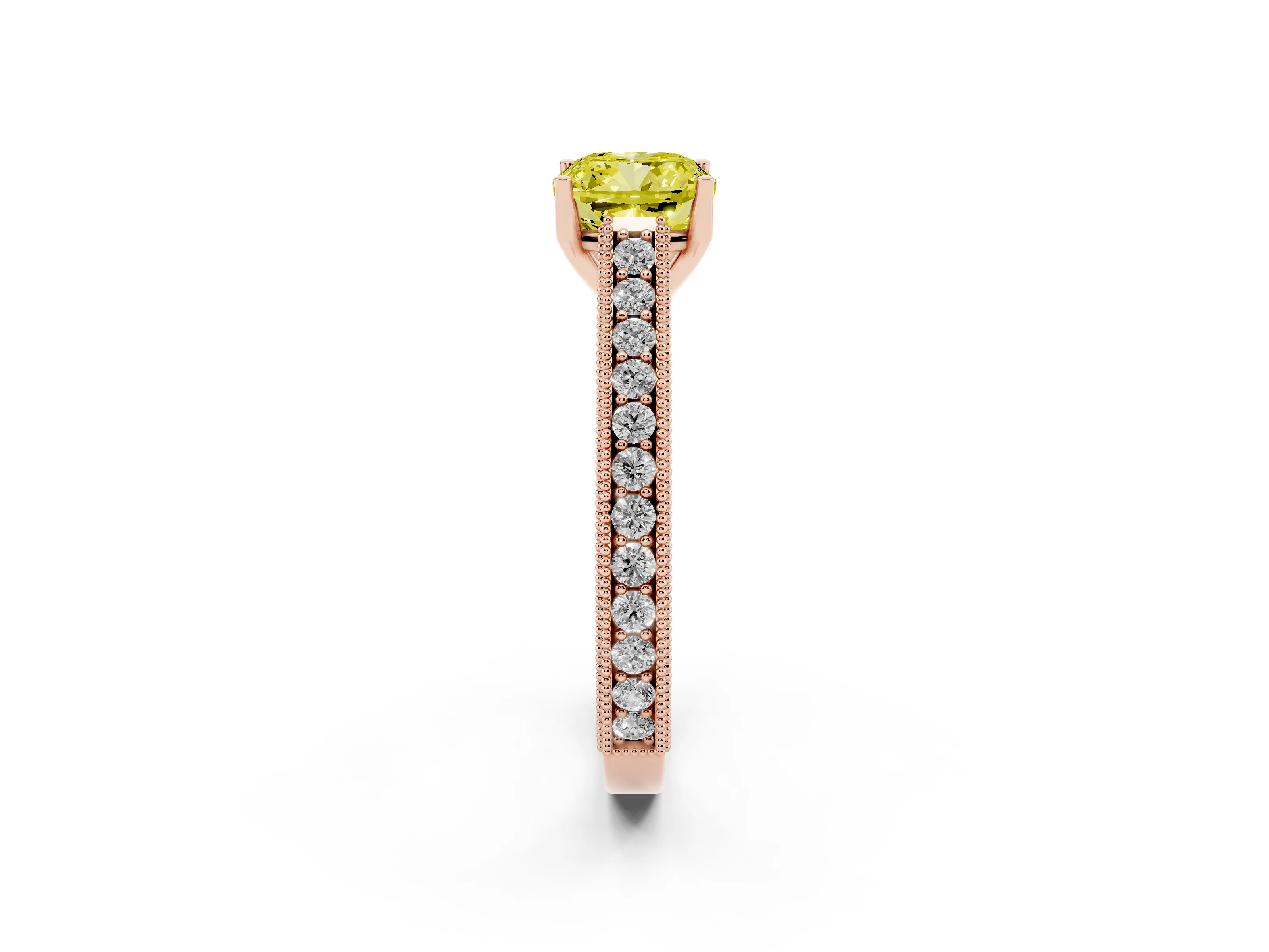Fancy Yellow Cushion Cut Diamond Milgrain Pavé Band Solitaire Ring Set in Rose gold with Prong Setting