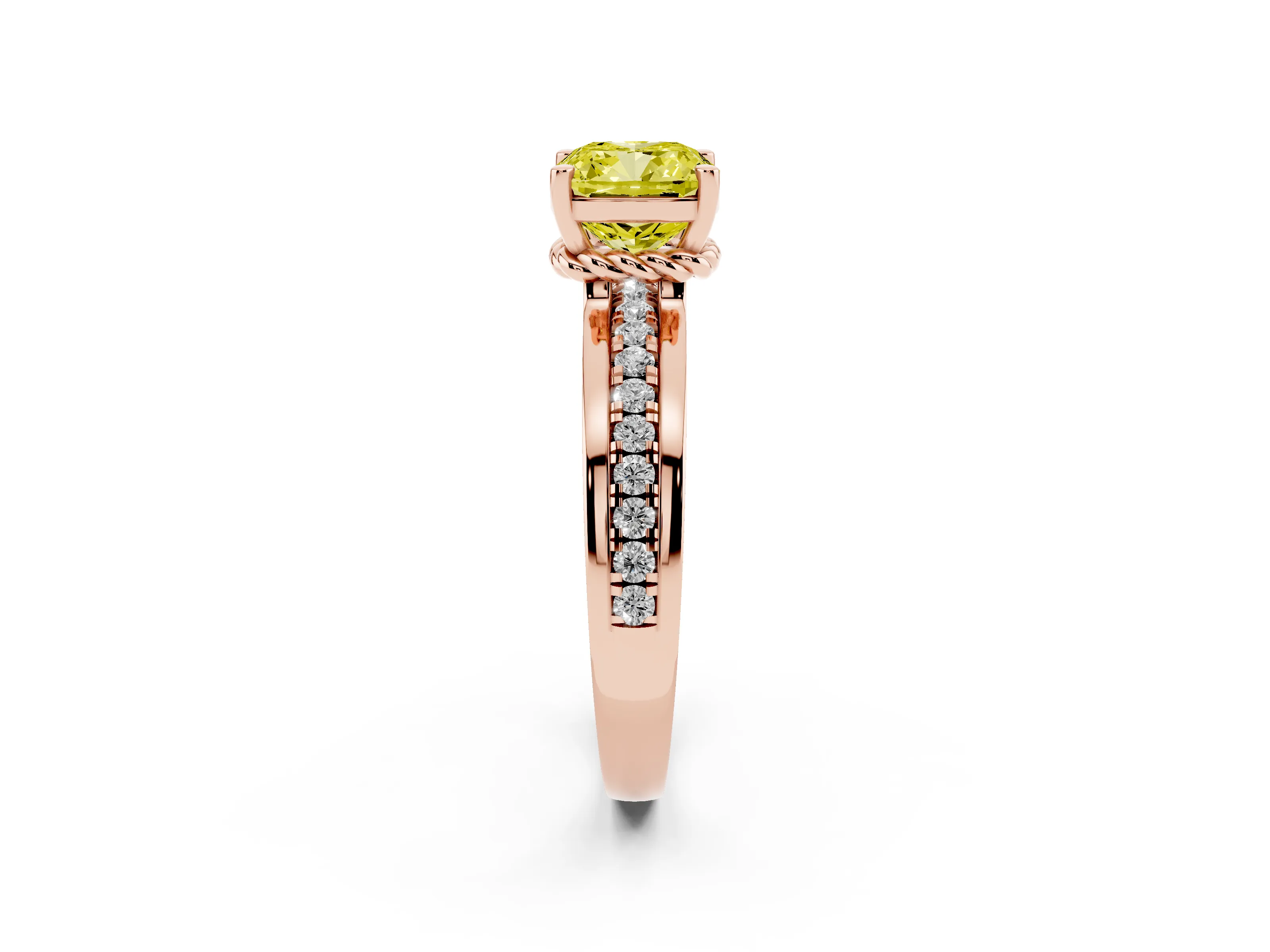 Fancy Yellow Cushion Cut Diamond Solitaire Ring Set in Rose gold with Channel Set Band and Prong Setting