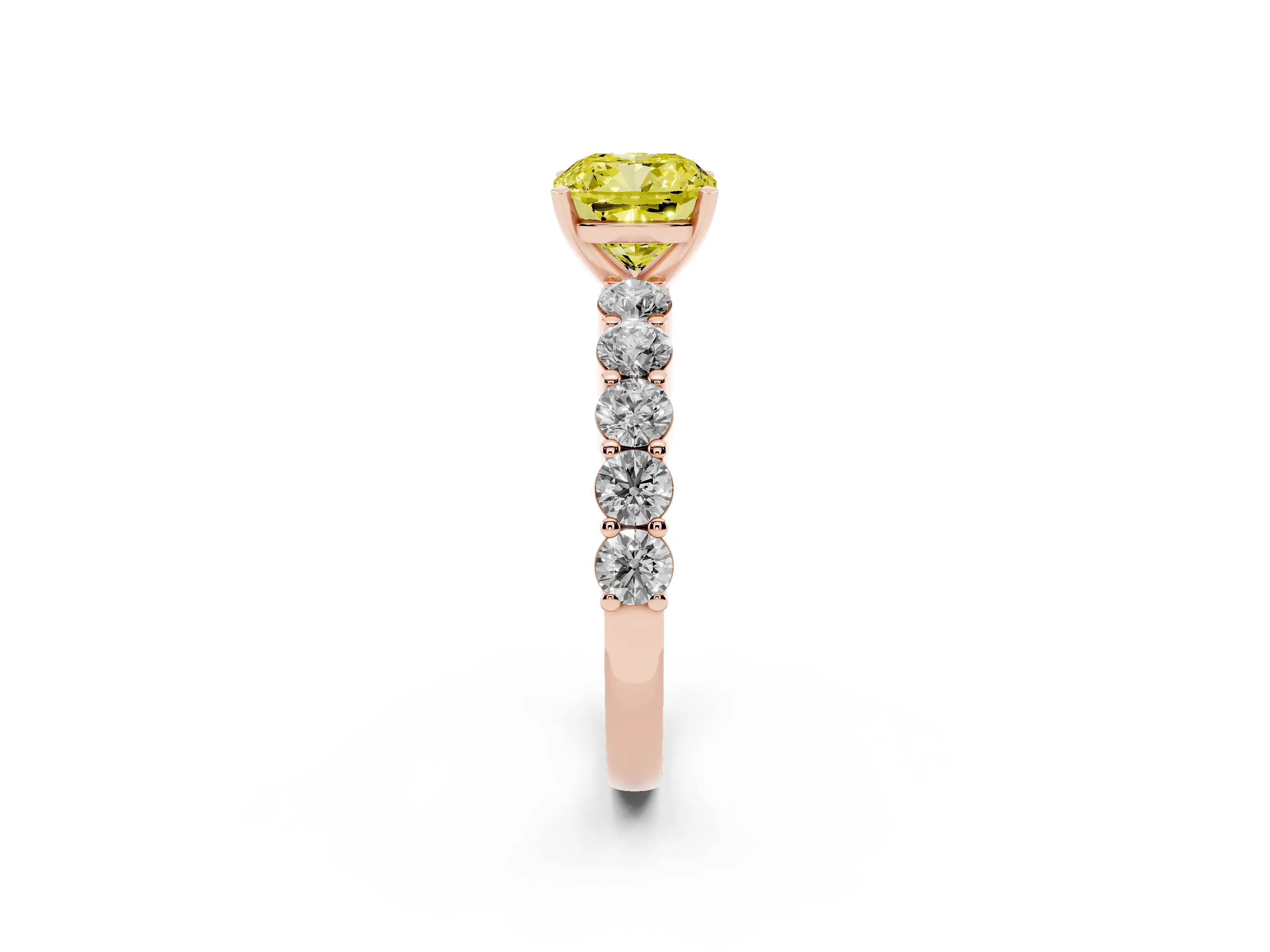 Fancy Yellow Cushion Cut Diamond Solitaire Ring Set in Rose gold with Shared Prong Round Side Stones