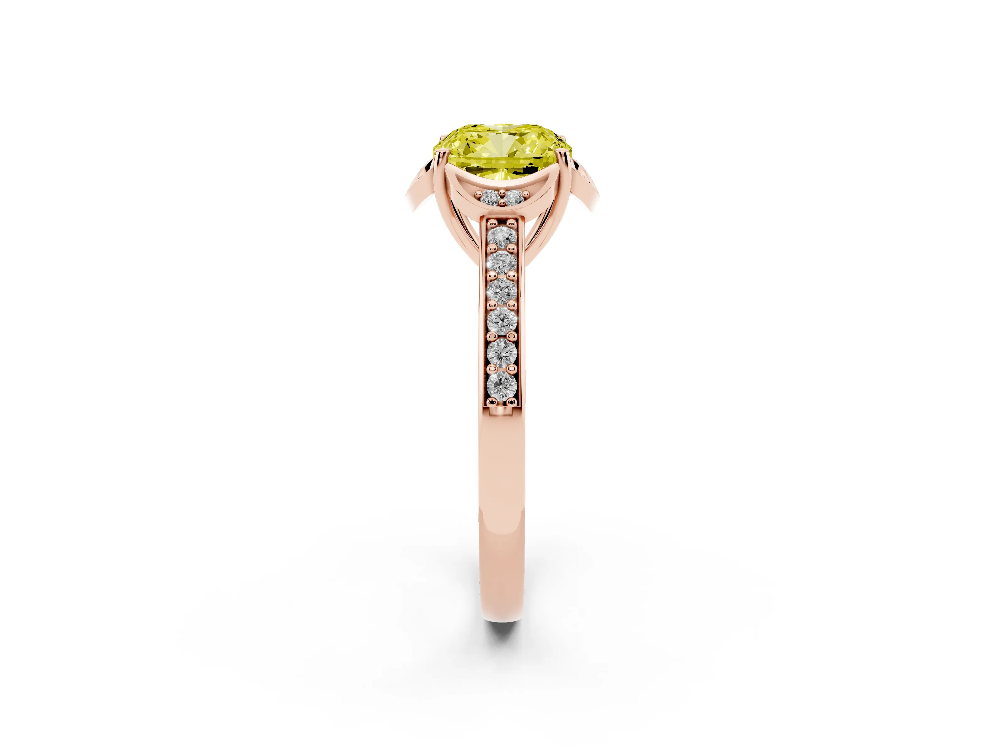 Fancy Yellow Cushion Cut Diamond Halo Ring Set in Rose gold with Channel Set Band and Prong Setting
