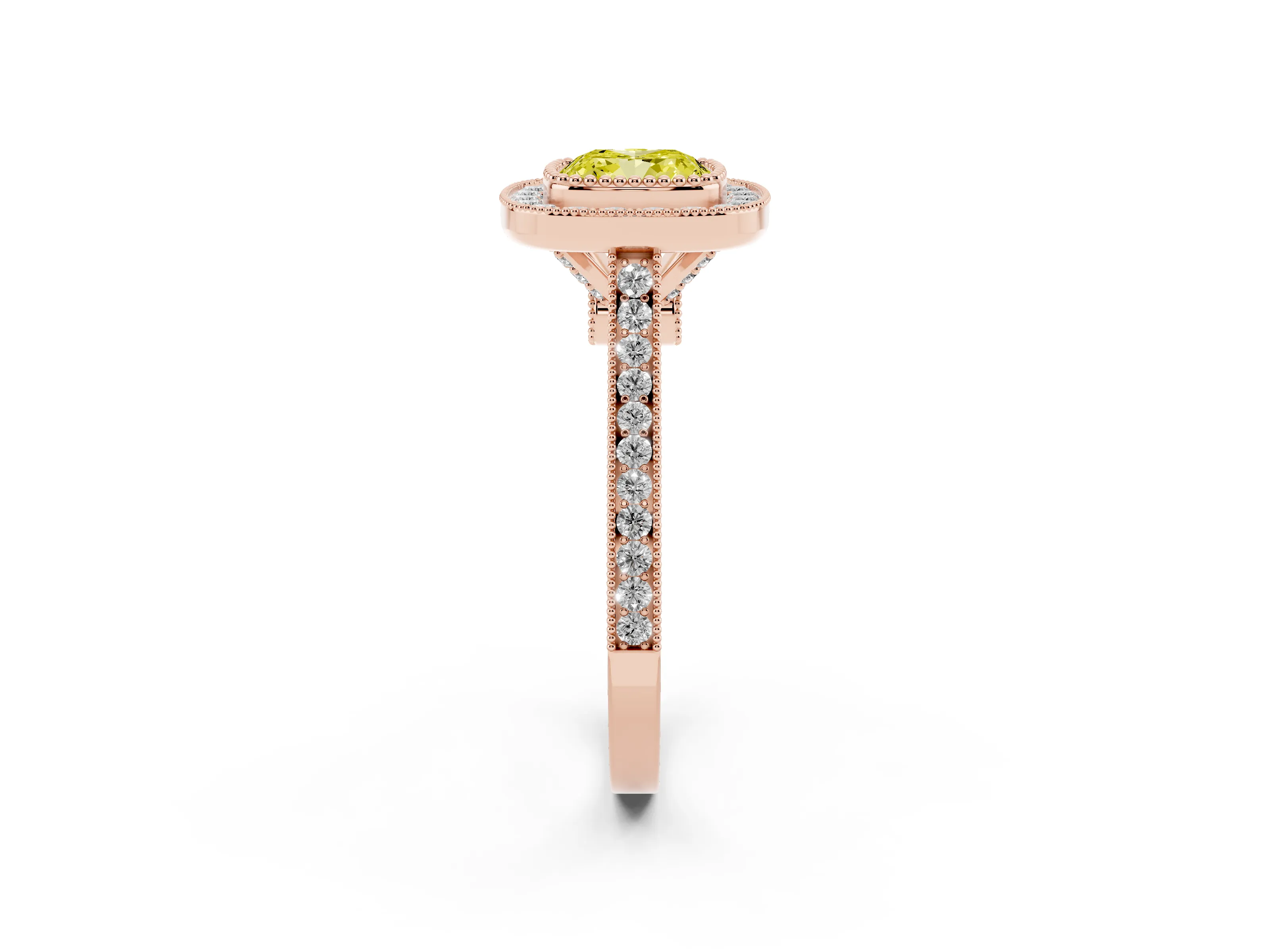Fancy Yellow Cushion Cut Diamond Halo Ring Set in Rose gold with Milgrain Frame and Pavé Band