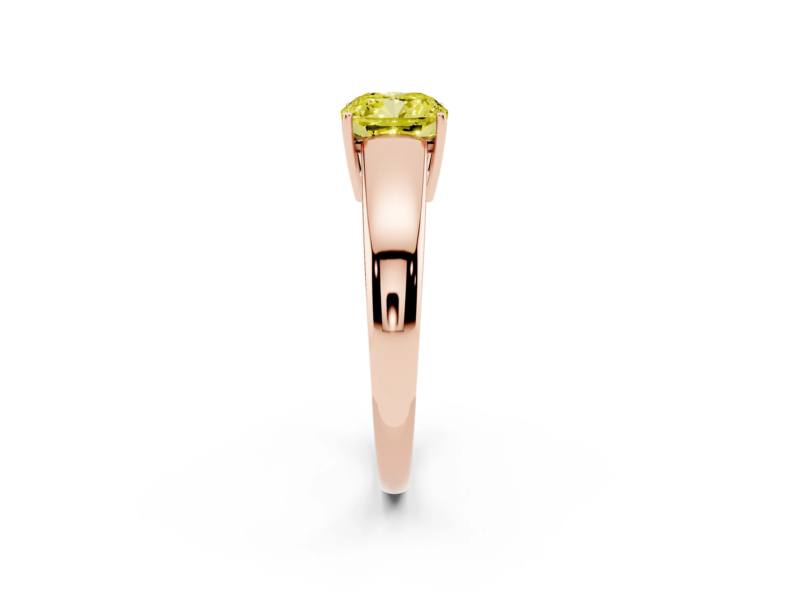 Fancy Yellow Cushion Cut Diamond Solitaire Ring Set in Rose gold with Tapered Band and Prong Setting