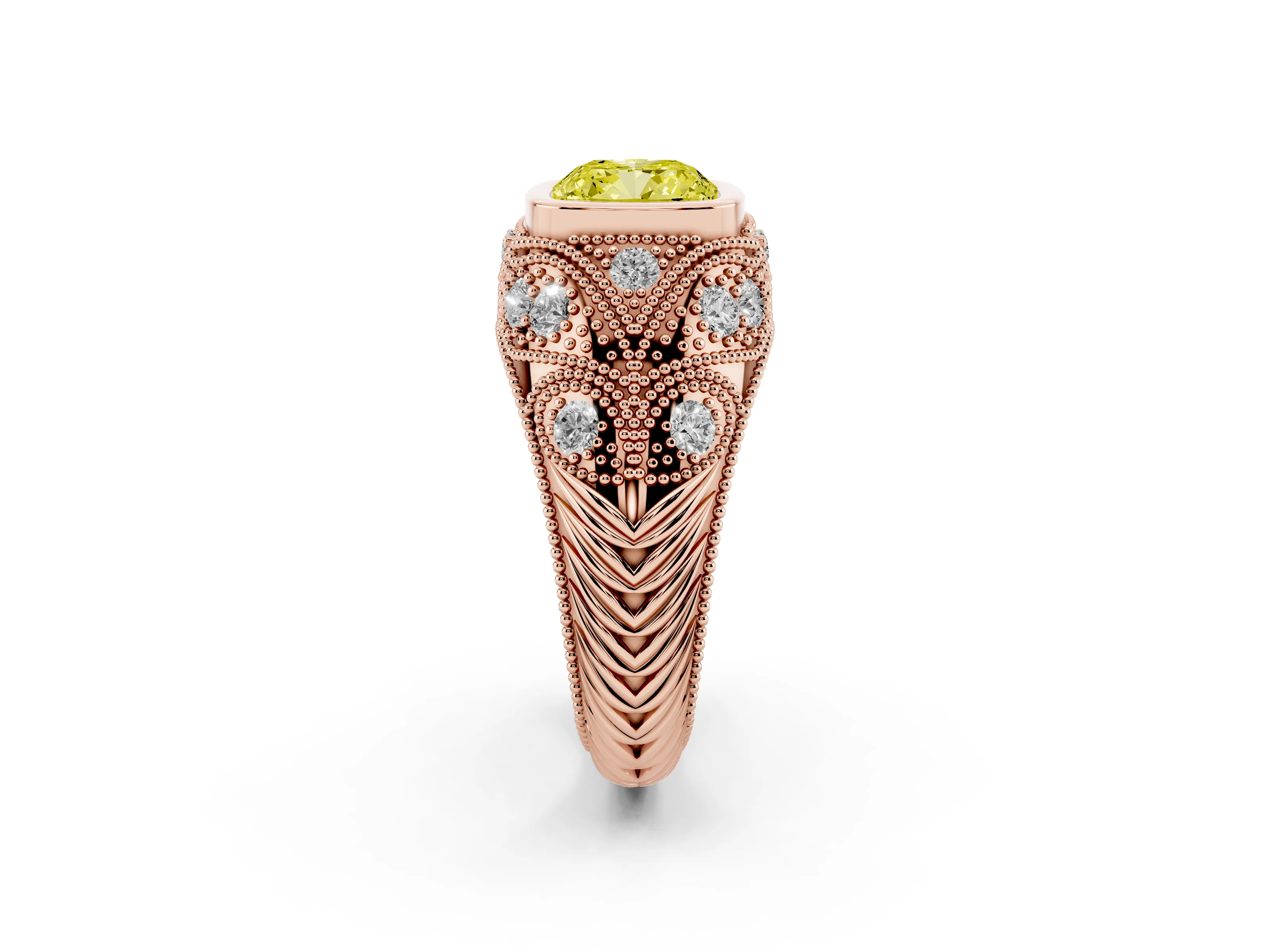 Fancy Yellow Cushion Cut Diamond Bezel Ring Set in Rose gold with Milgrain Accent Band