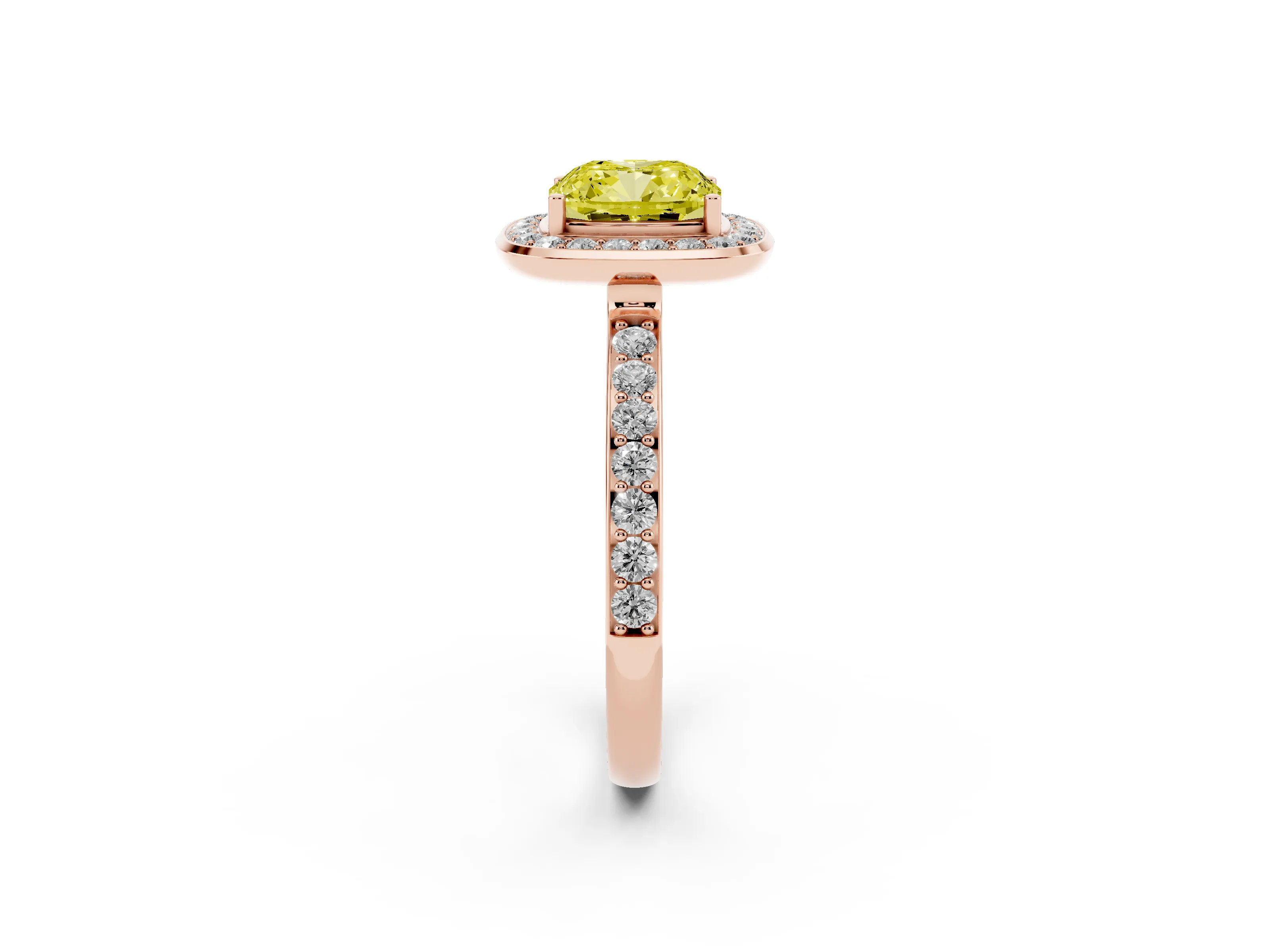 Fancy Yellow Cushion Cut Diamond Halo Ring Set in Rose gold with Bezel Frame and Pavé Band