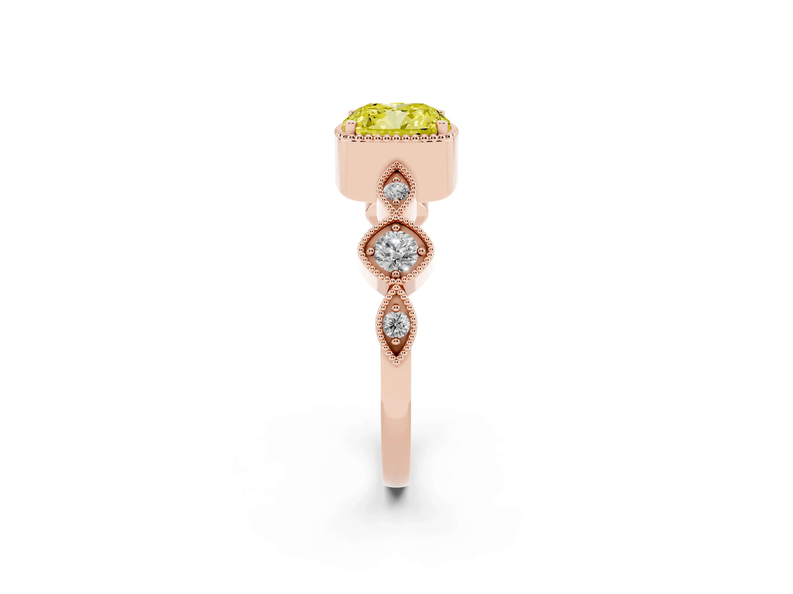Fancy Yellow Cushion Cut Diamond Vintage-Inspired Milgrain Ring Set in Rose gold with Marquise Stations of Round Accents