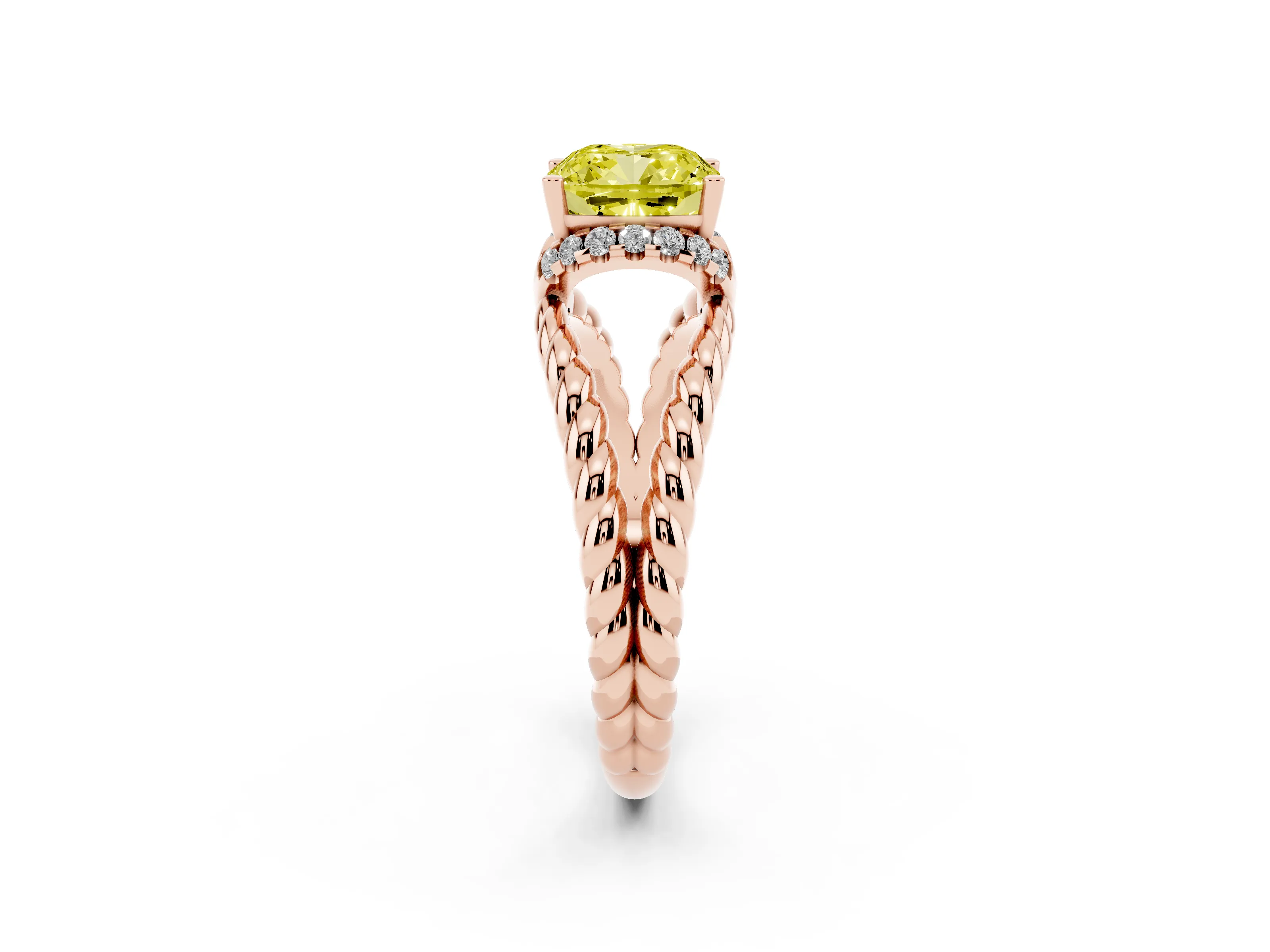 Fancy Yellow Cushion Cut Diamond Halo Ring Set in Rose gold with Twisted Band and Prong Setting