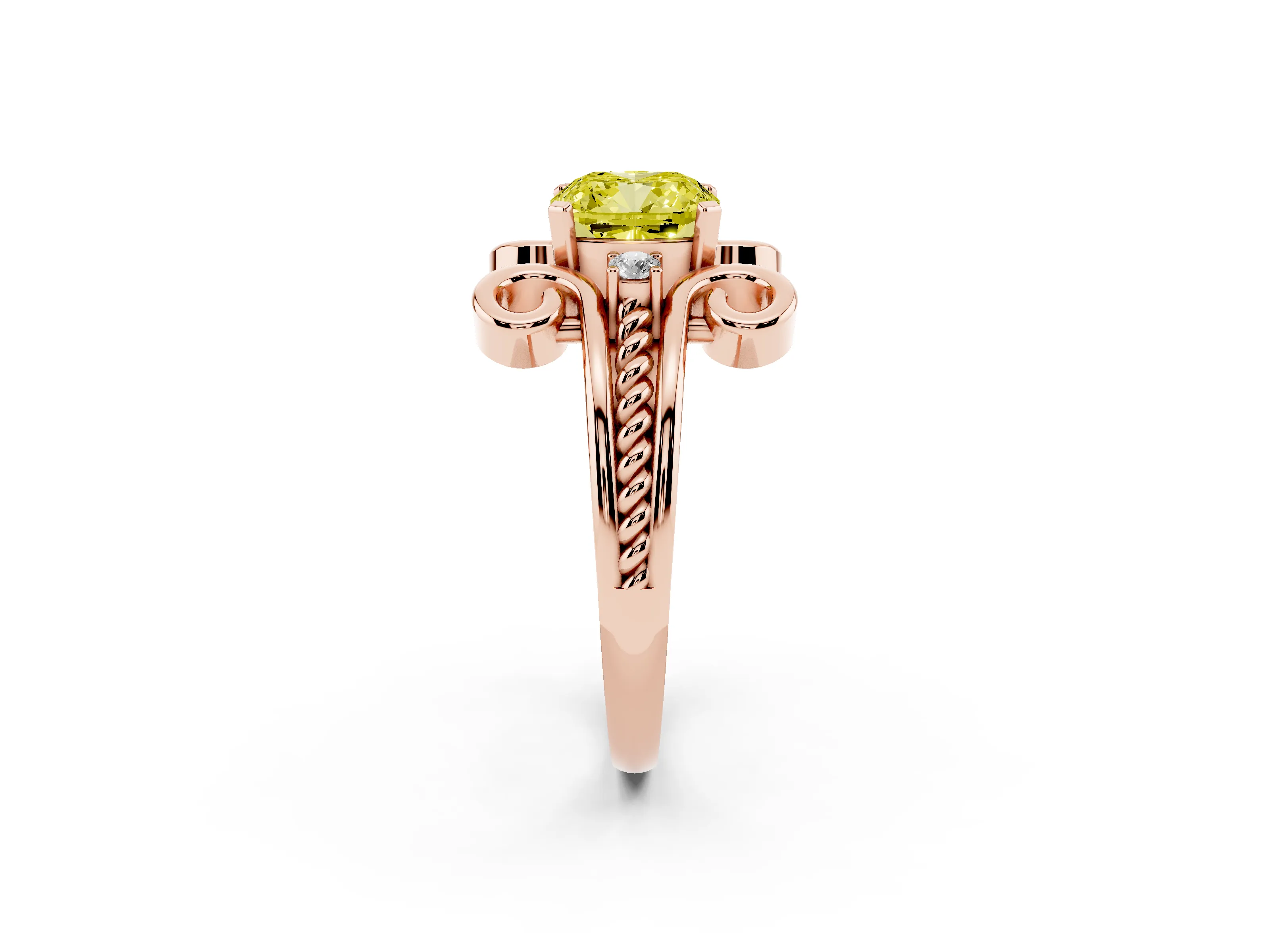 Fancy Yellow Cushion Cut Diamond Twisted Band Solitaire Ring Set in Rose gold with Scroll Prongs