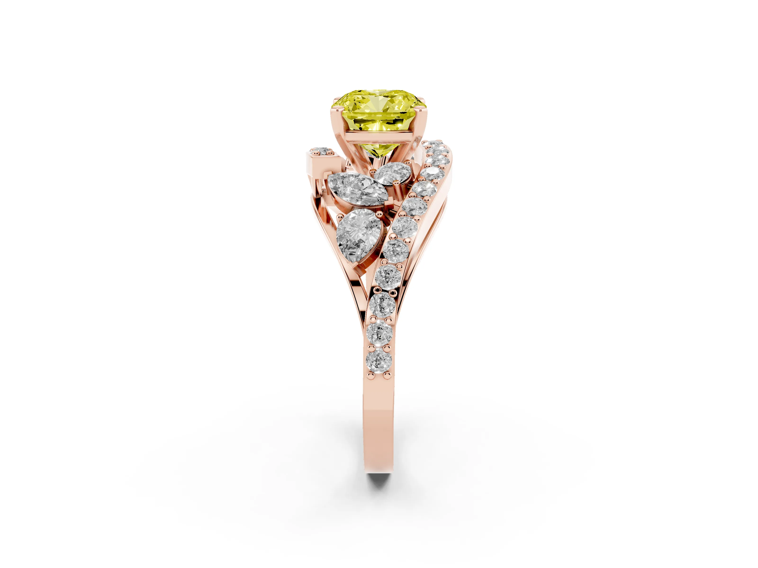 Fancy Yellow Cushion Cut Diamond Halo Ring Set in Rose gold with Marquise and Pavé Band in Prong Setting