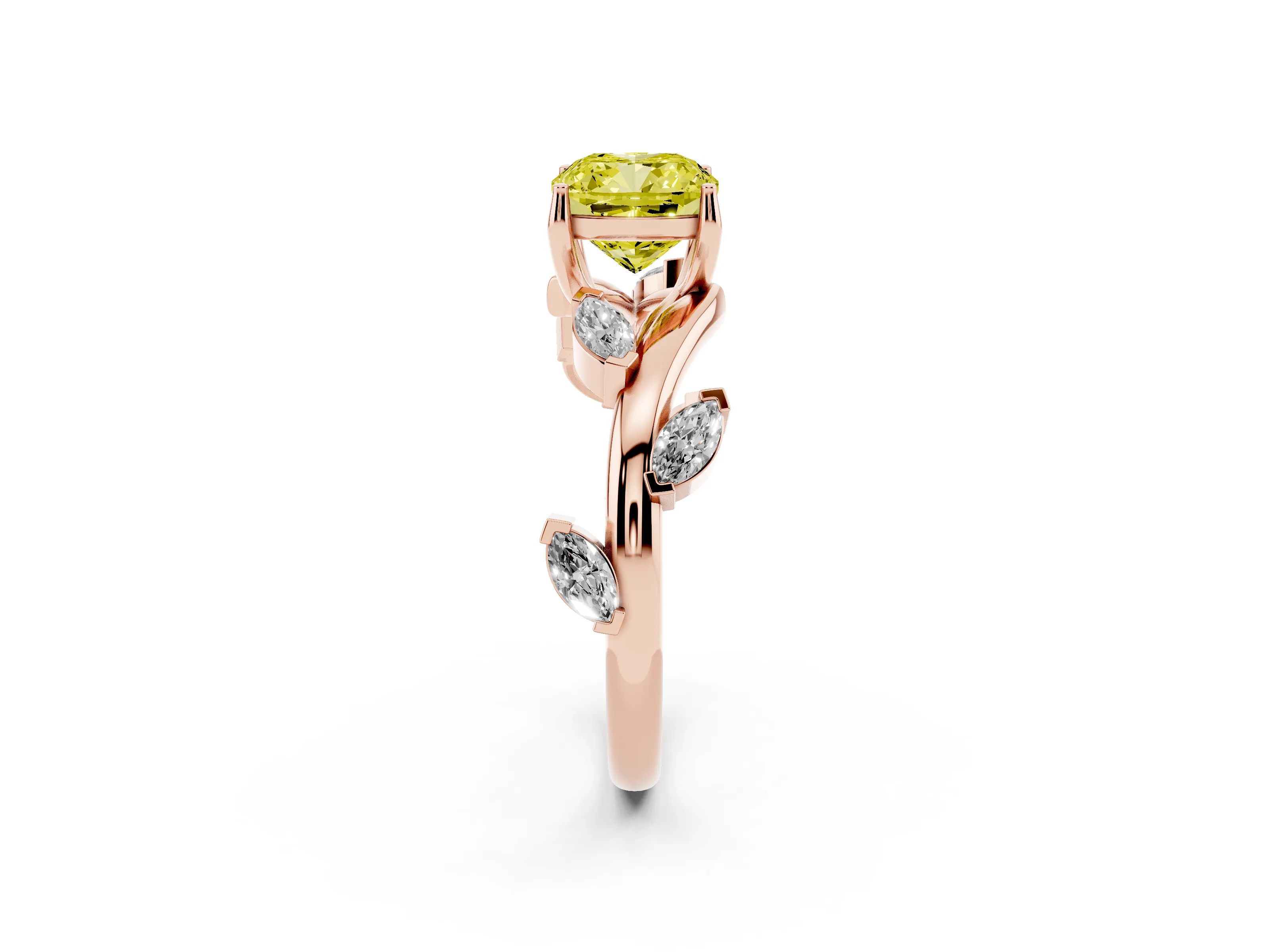 Fancy Yellow Cushion Cut Diamond Solitaire Ring Set in Rose gold with Twisted Marquise Accent Band